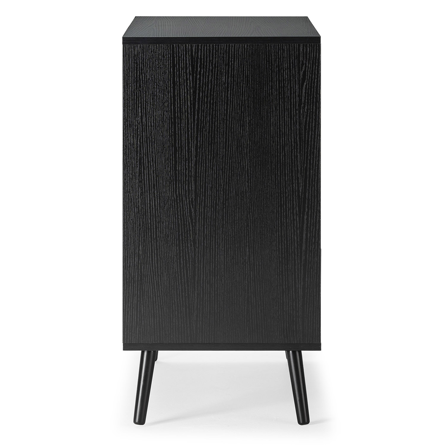 Una mesita de noche negra con veta de madera y cuatro patas anguladas.