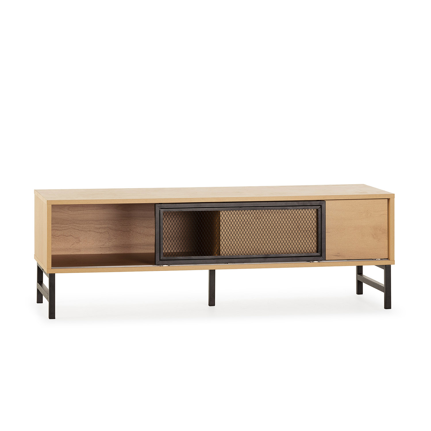 Un aparador de madera marrón claro con patas de metal negro y un compartimento con puerta de malla.