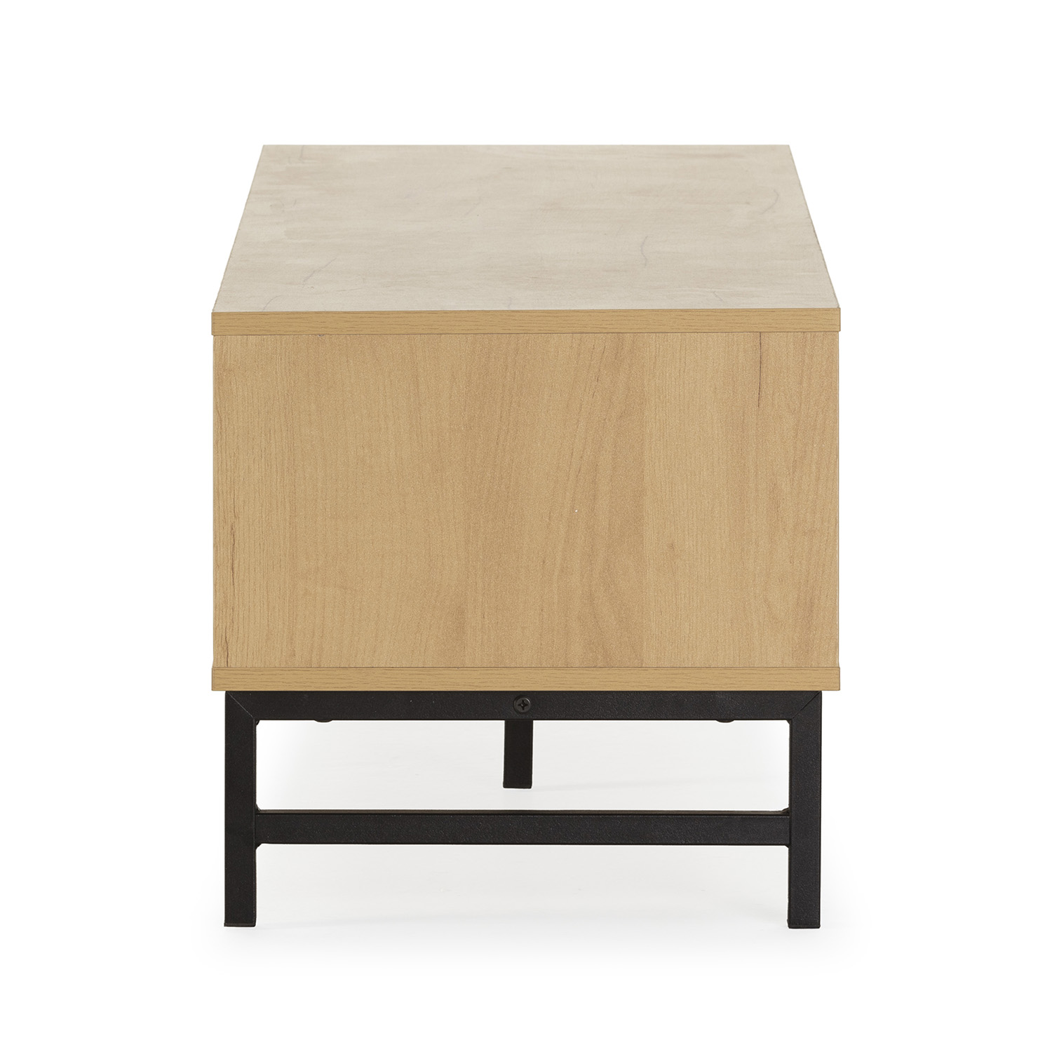 Un mueble de madera con marco de metal negro, sobre fondo blanco.