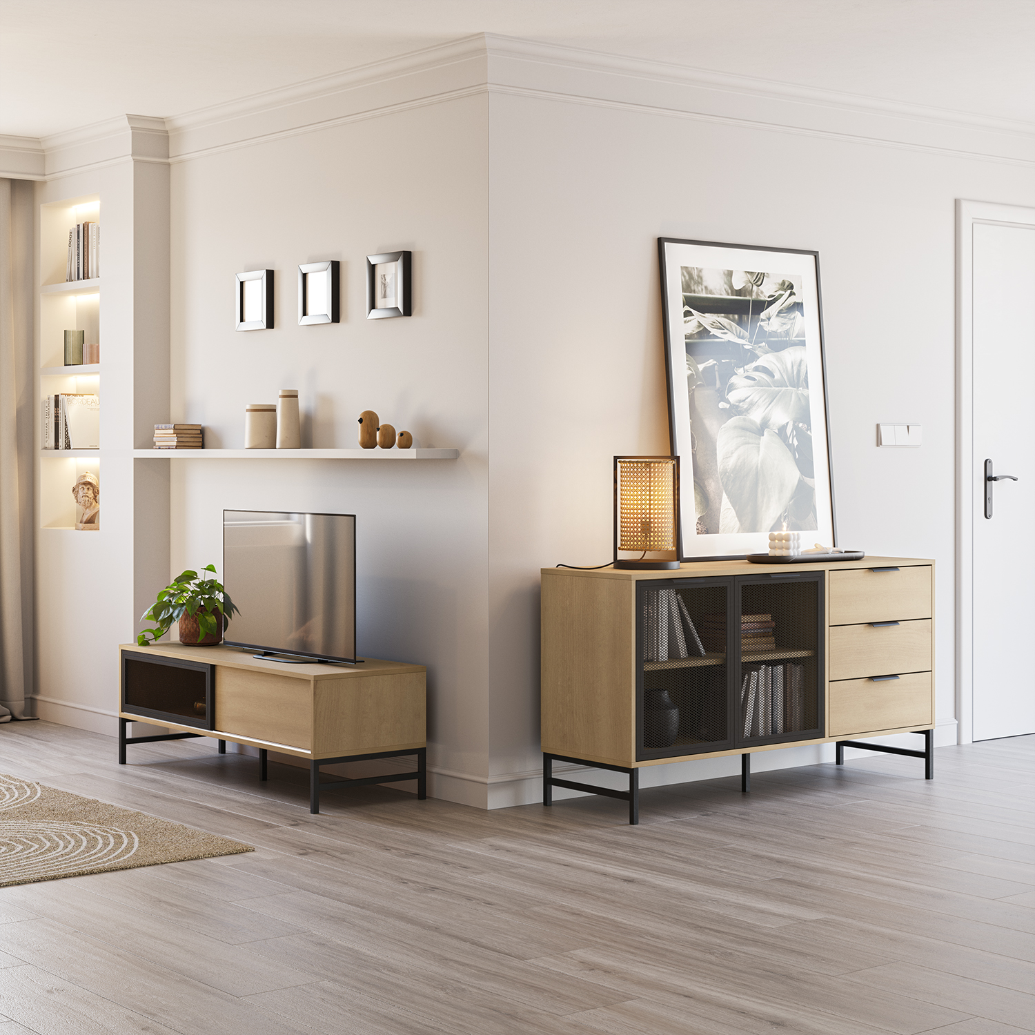 Una sala de estar luminosa con muebles de madera, TV, estanterías y un cuadro grande.