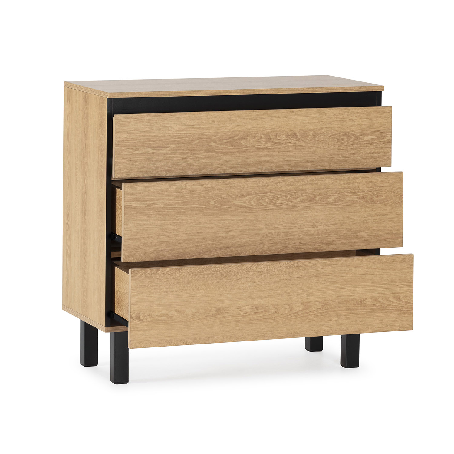 Cómoda de madera con tres cajones y patas negras.