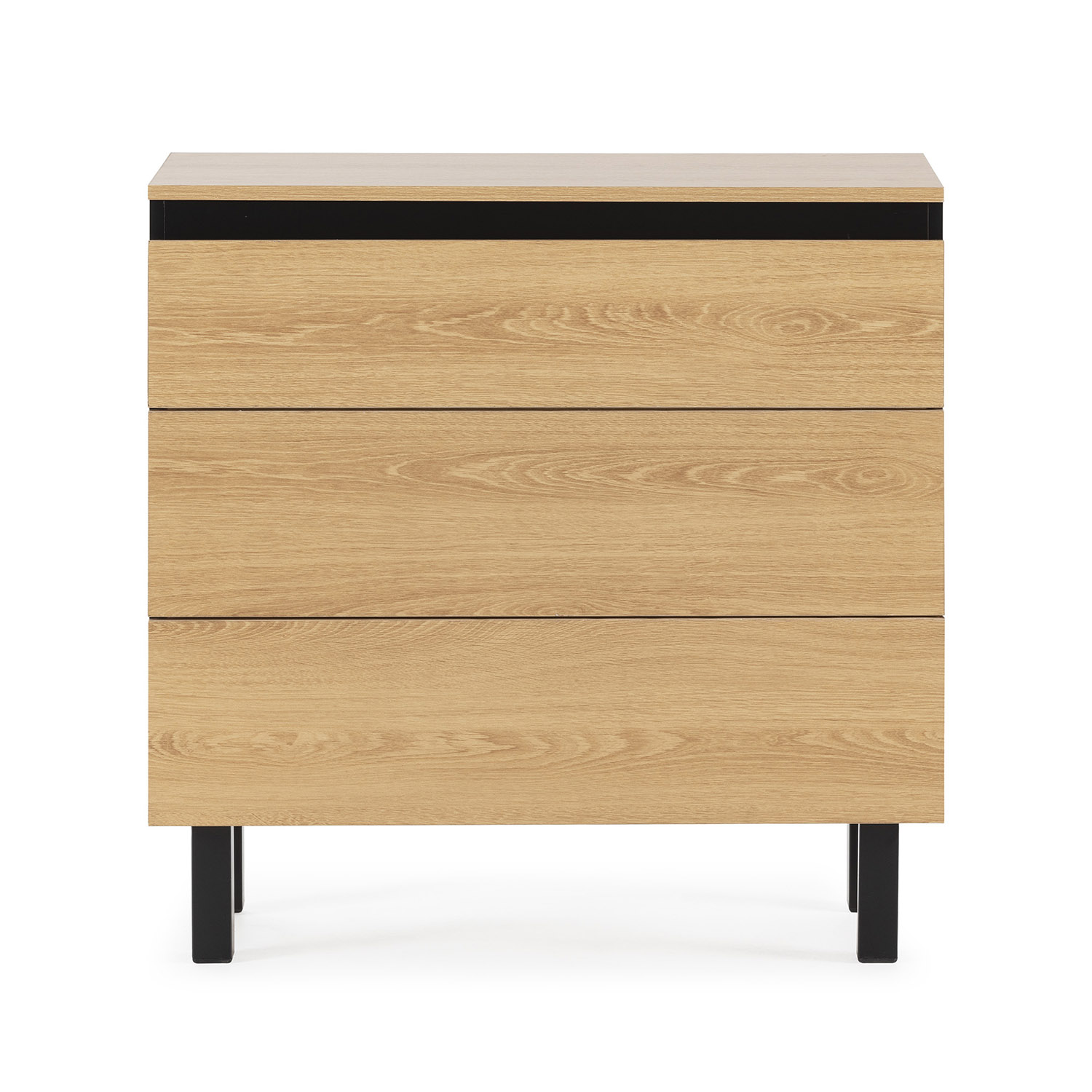 Cómoda de madera con tres cajones y patas negras.