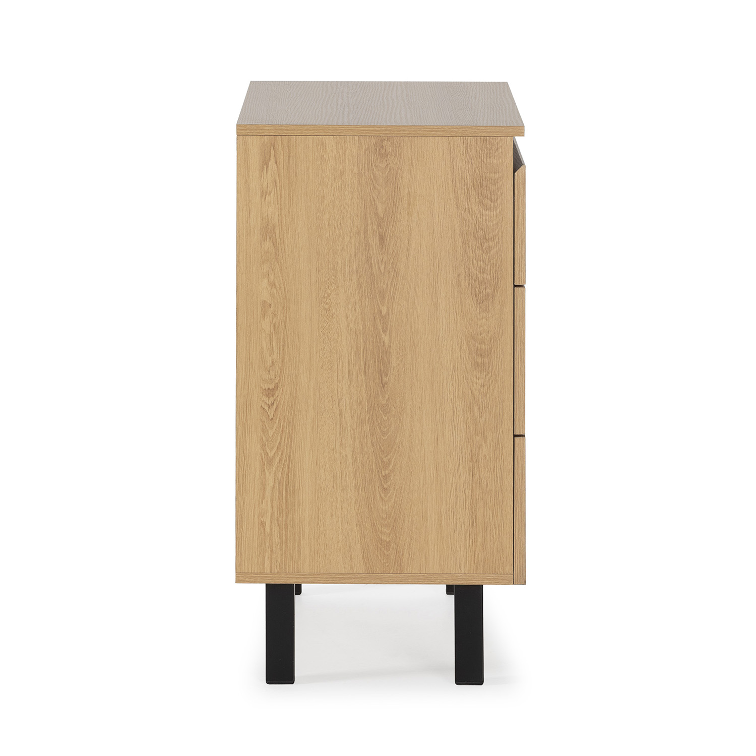 Un mueble de madera clara con tres cajones y patas negras.