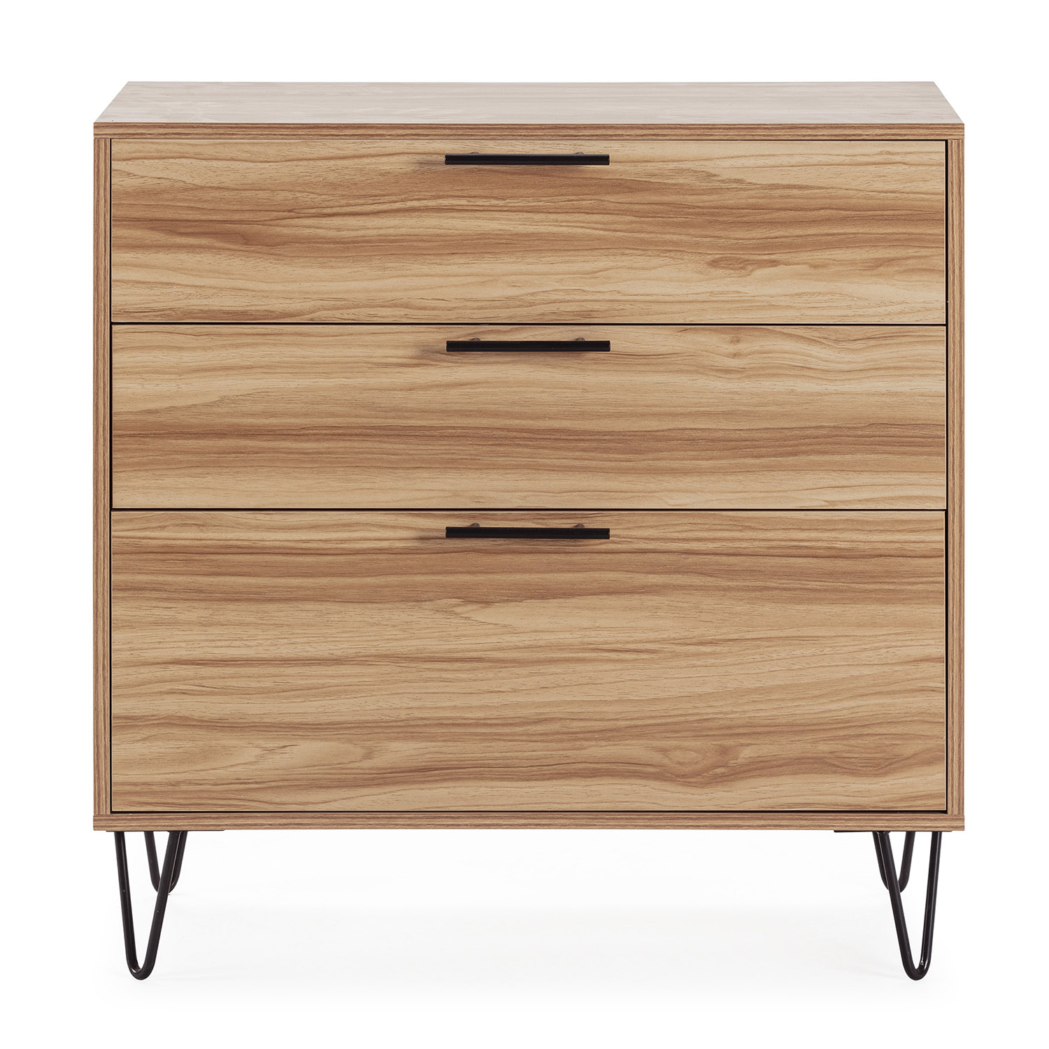 Cómoda de madera con tres cajones, asas y patas negras.