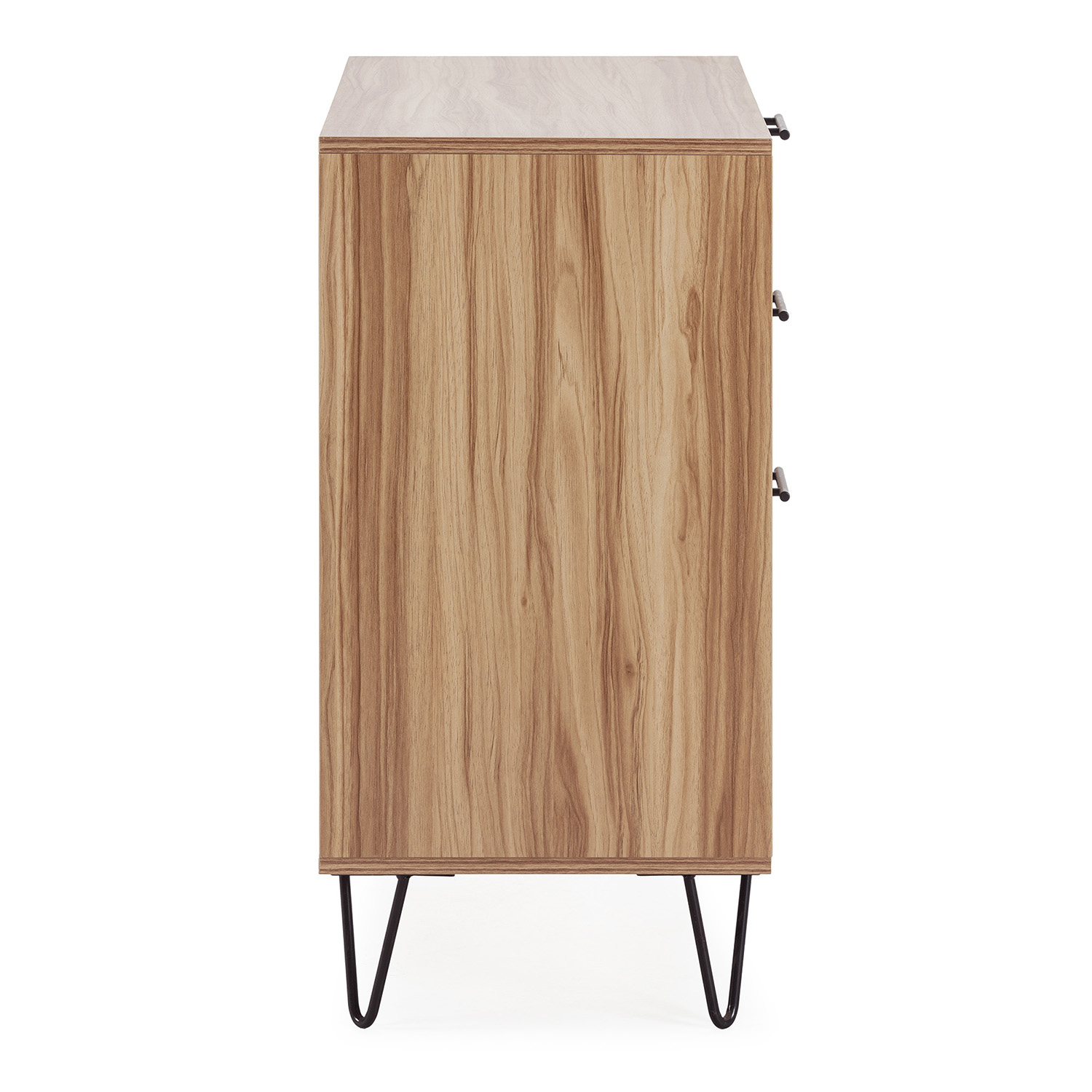 Cómoda de madera con tres cajones y patas de horquilla negras.