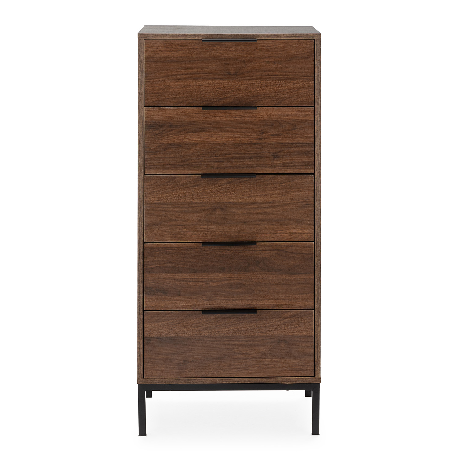 Cómoda de madera marrón con cinco cajones y tiradores negros sobre patas negras.