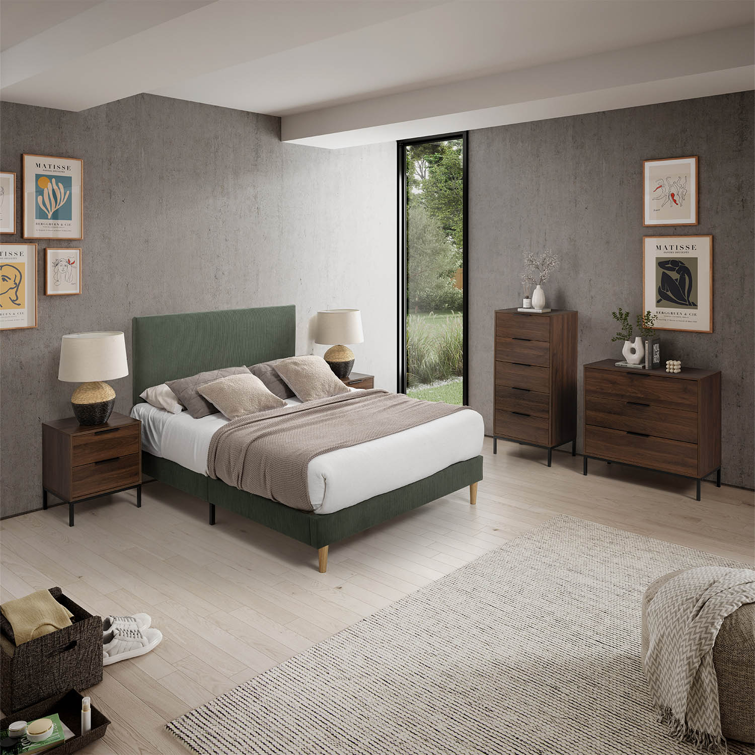 Un dormitorio moderno con cama verde, cómodas de madera, arte y ventana grande.