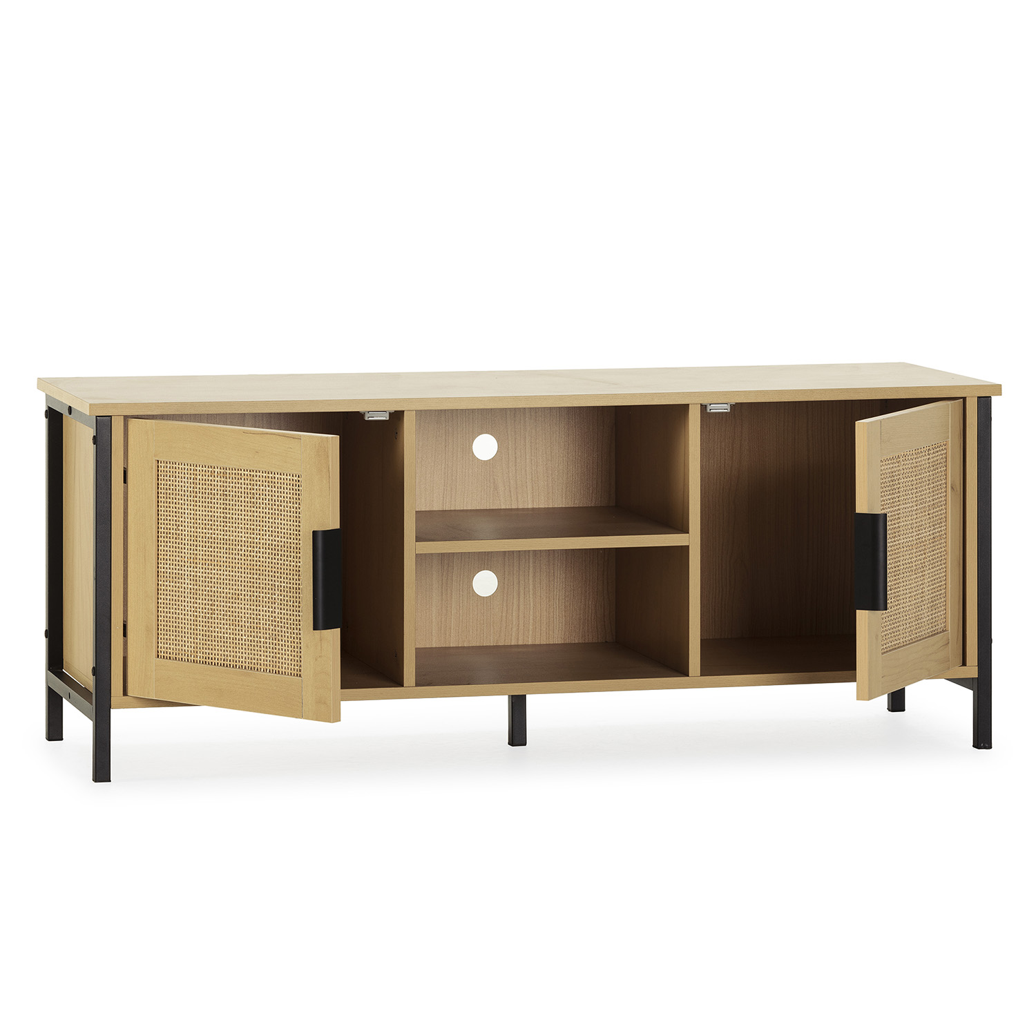 Mueble de TV de madera con puertas de ratán, tiradores negros y patas metálicas.