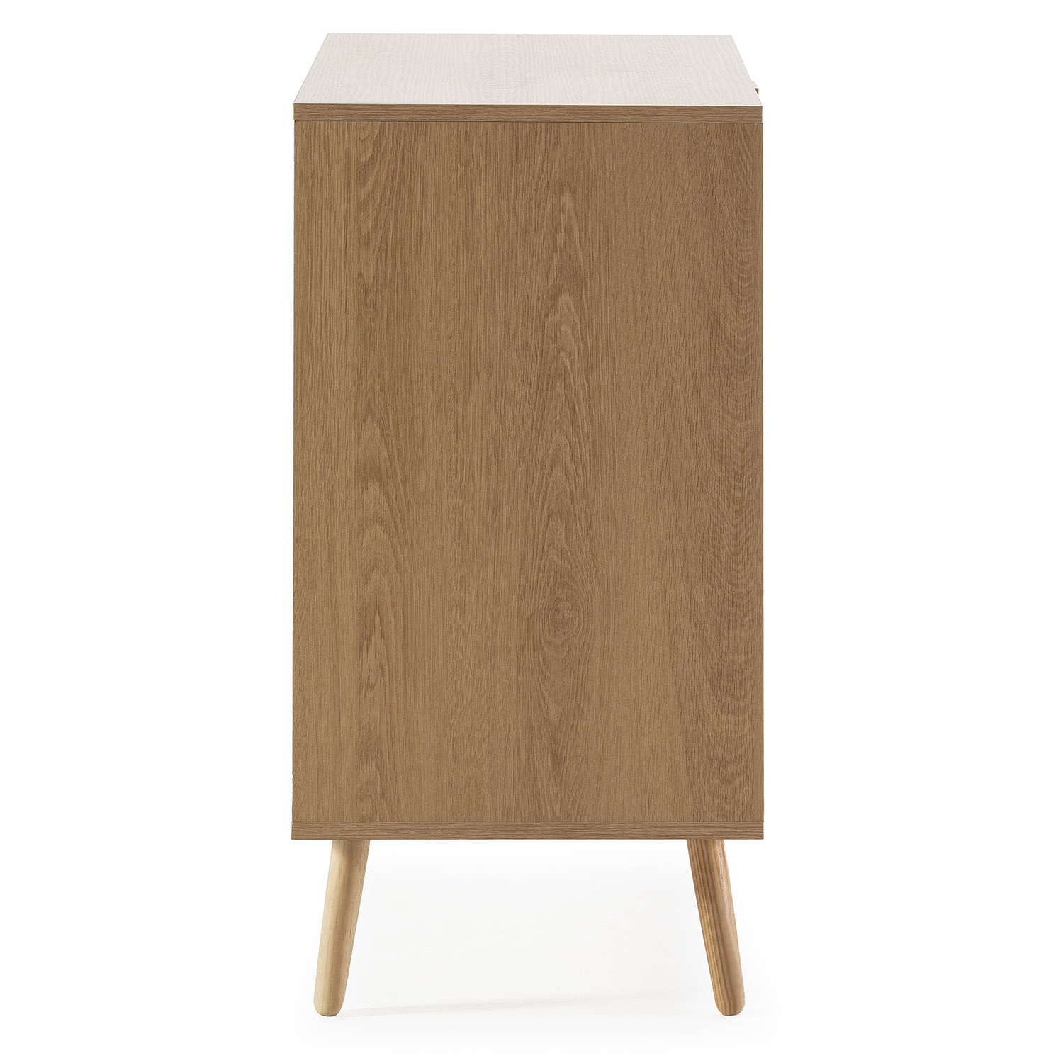 Un armario de madera con tres patas anguladas sobre fondo blanco.
