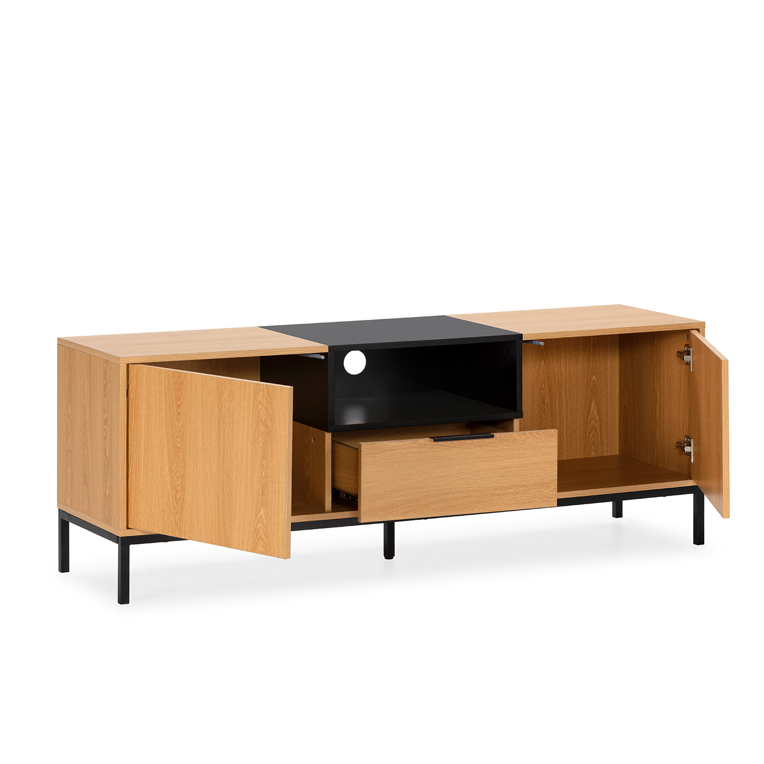 Un moderno mueble de TV de madera con patas negras y puerta abierta.