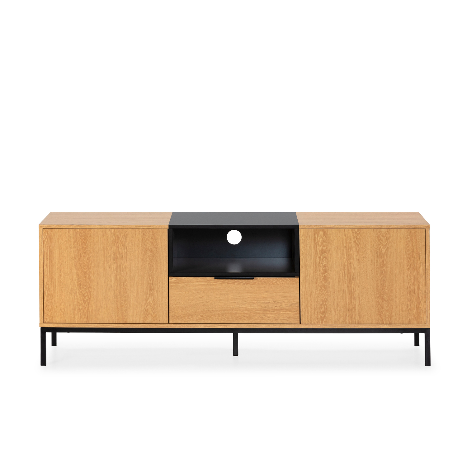 Una consola de madera con base negra y estante abierto.