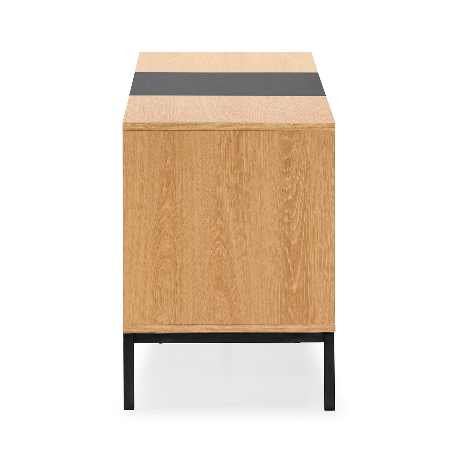 Un mueble de madera con una franja negra decorativa y patas de metal negro.