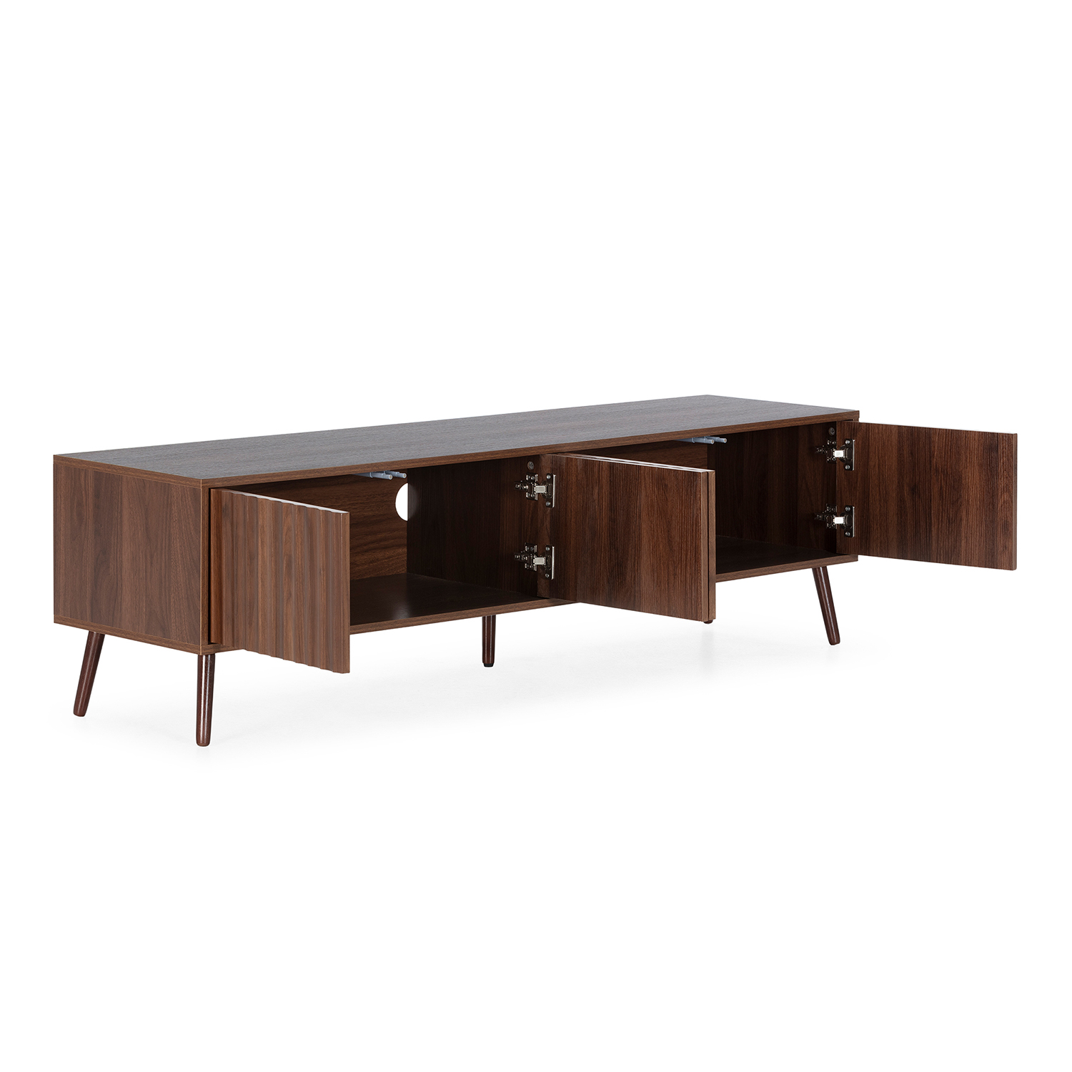 Consola de medios de madera marrón oscuro con cuatro puertas abiertas y bisagras plateadas.