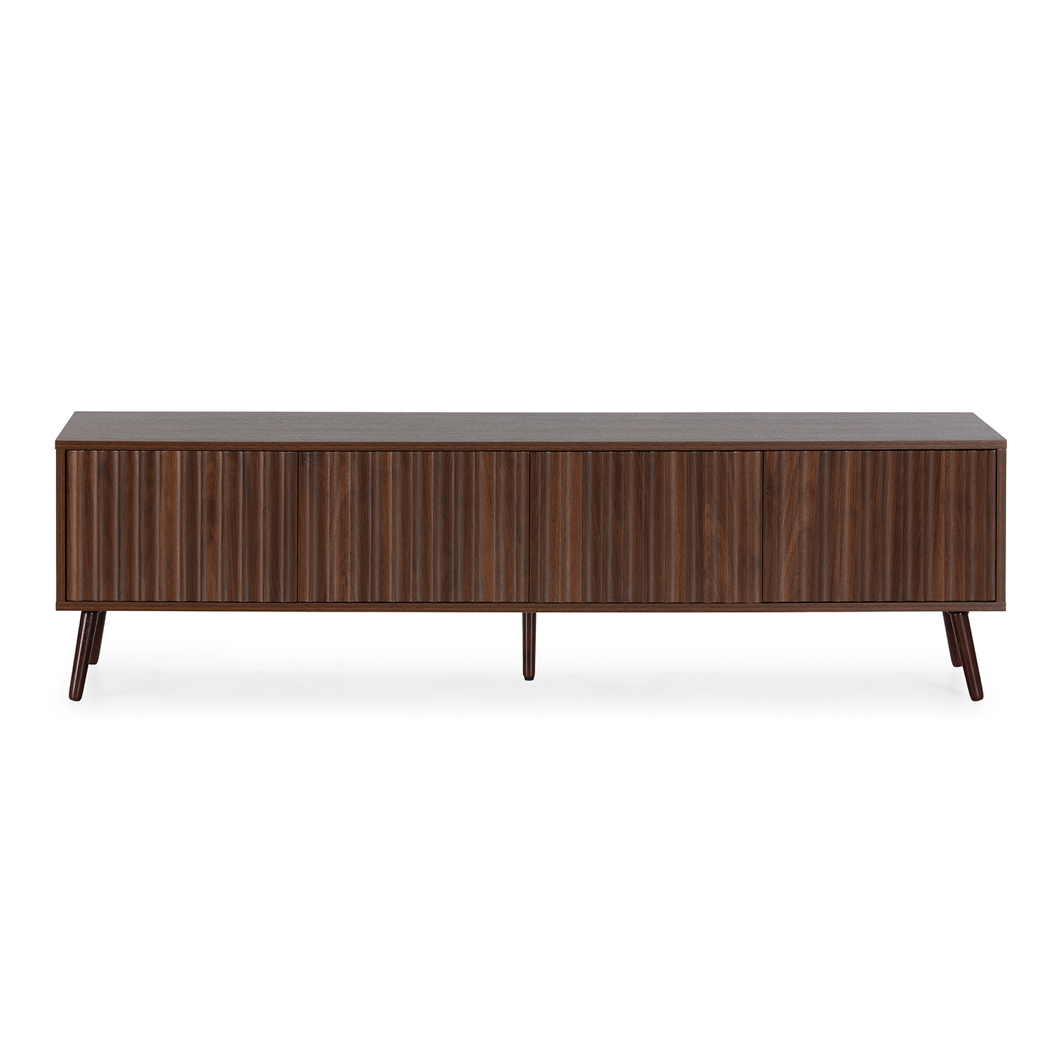 Mueble de madera marrón oscuro con puertas acanaladas y cuatro patas anguladas.