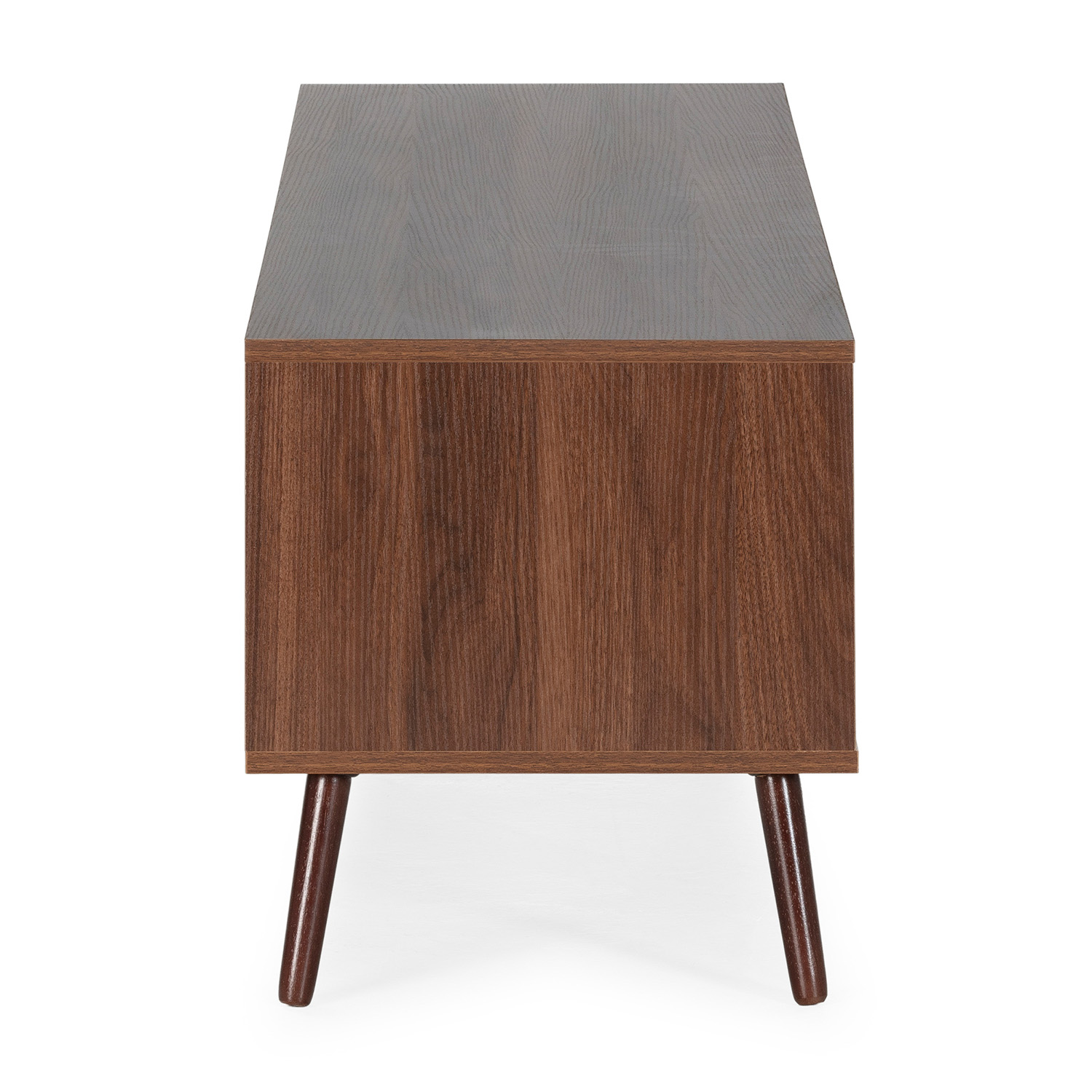 Un armario de madera oscura con cuatro patas anguladas, sobre fondo blanco.