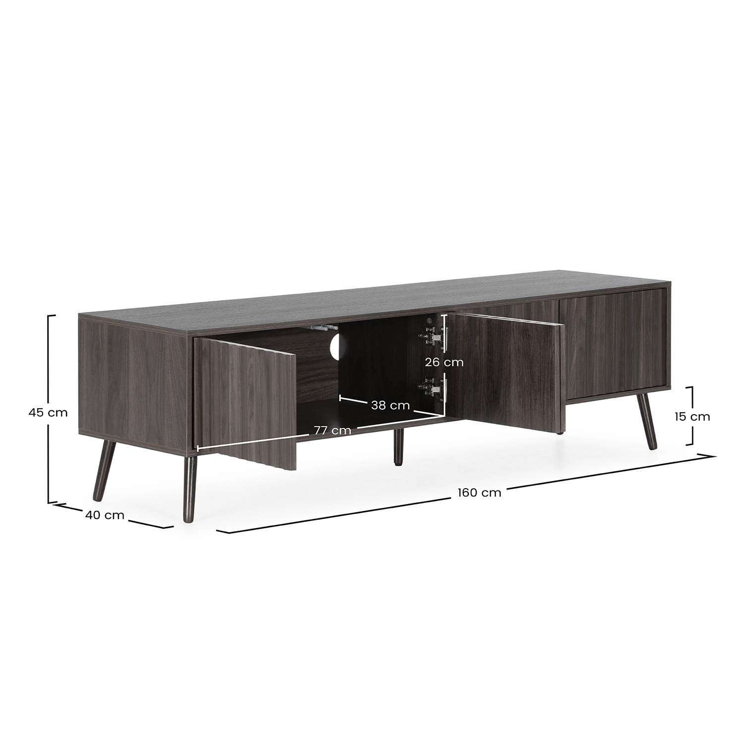 Mueble de TV gris oscuro con tres puertas y patas delgadas. Dimensiones: 160x40x45 cm.