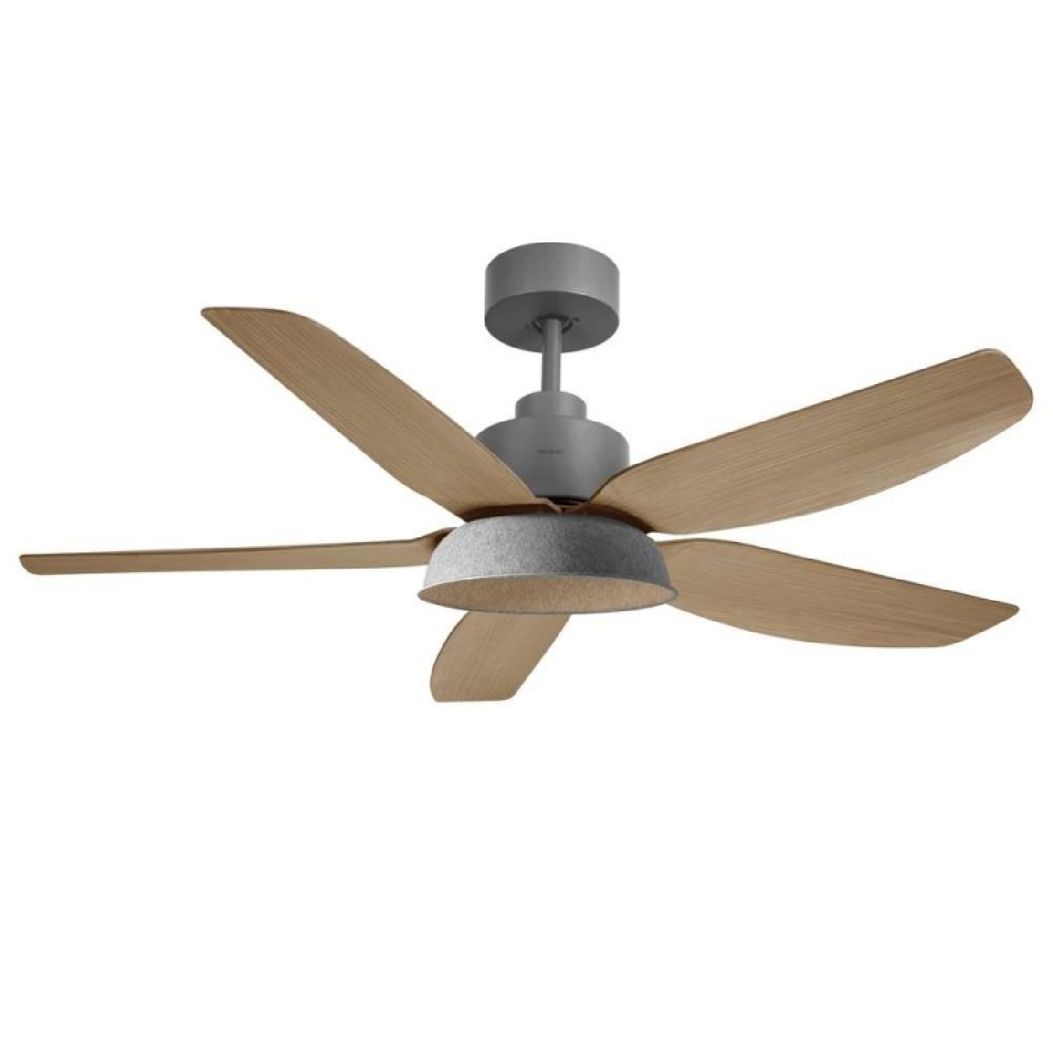Ventilatore da soffitto con cinque pale in legno chiaro e centro grigio.