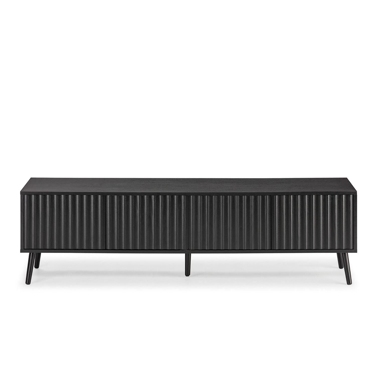 Un mueble negro con puertas acanaladas y patas delgadas sobre fondo blanco.