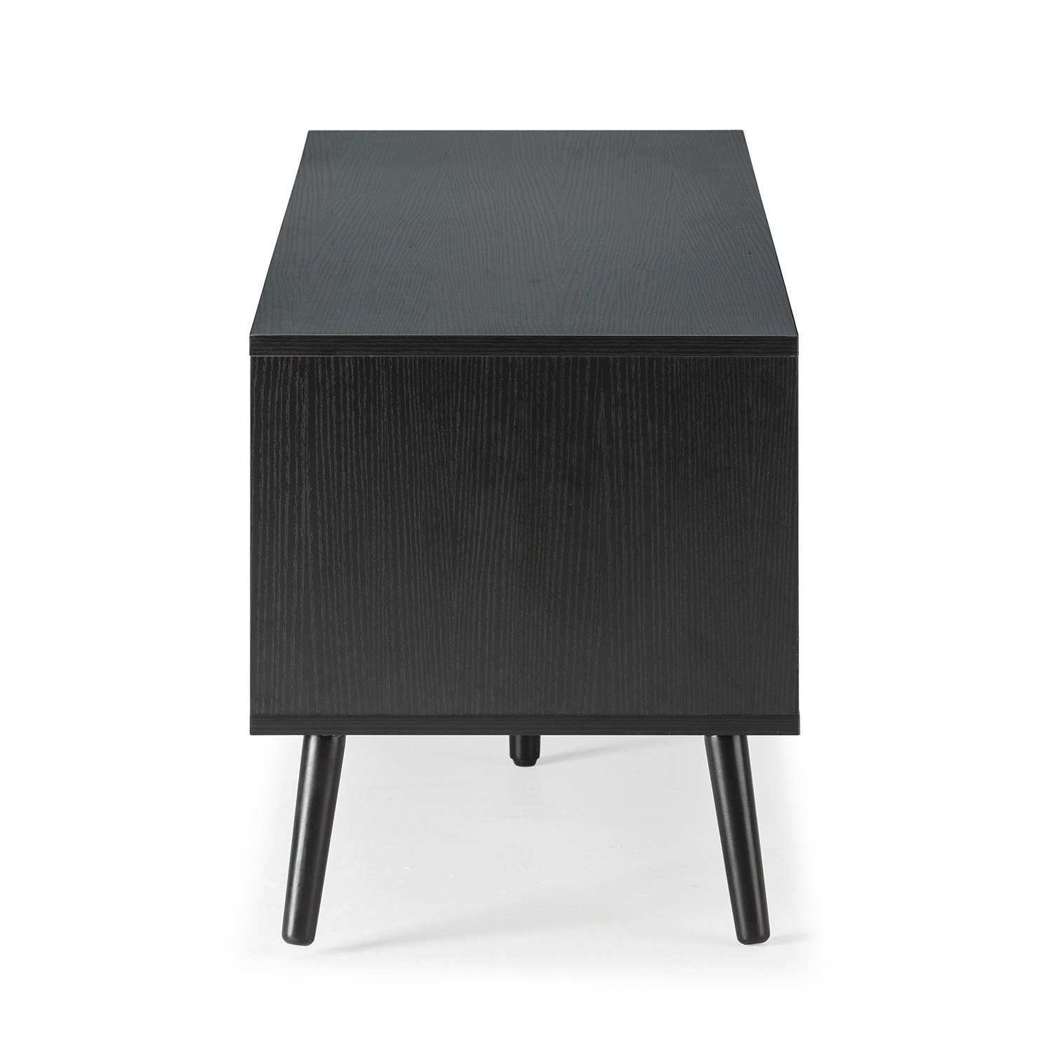 Una mesa auxiliar rectangular negra con veta de madera sobre cuatro patas.