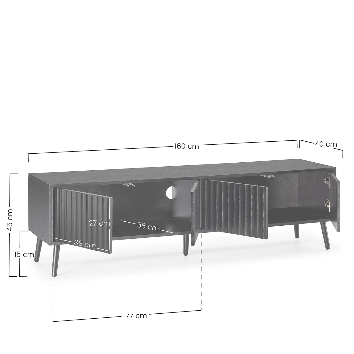 Un mueble de TV oscuro con puertas abiertas y patas. Se muestran las dimensiones.