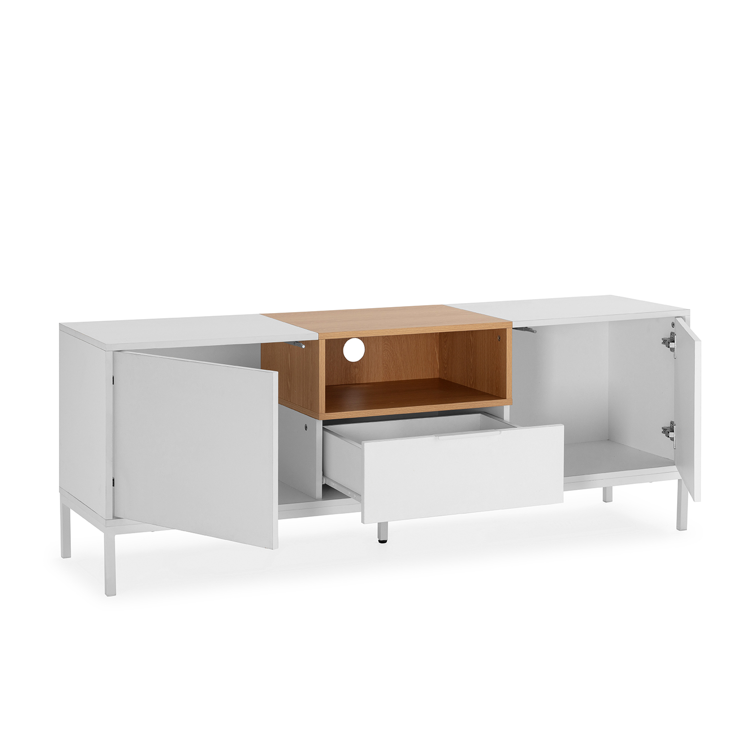 Un mueble de TV blanco con detalles en madera, puerta abierta y cajón.