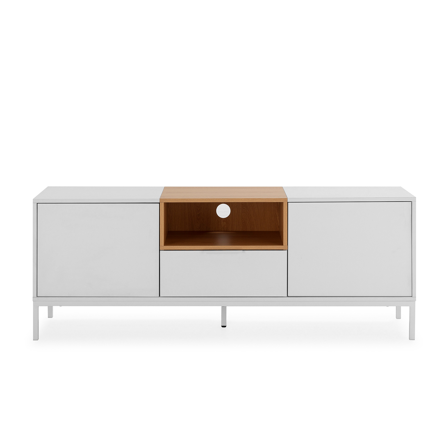 Un mueble de TV blanco con detalles de madera y patas metálicas.