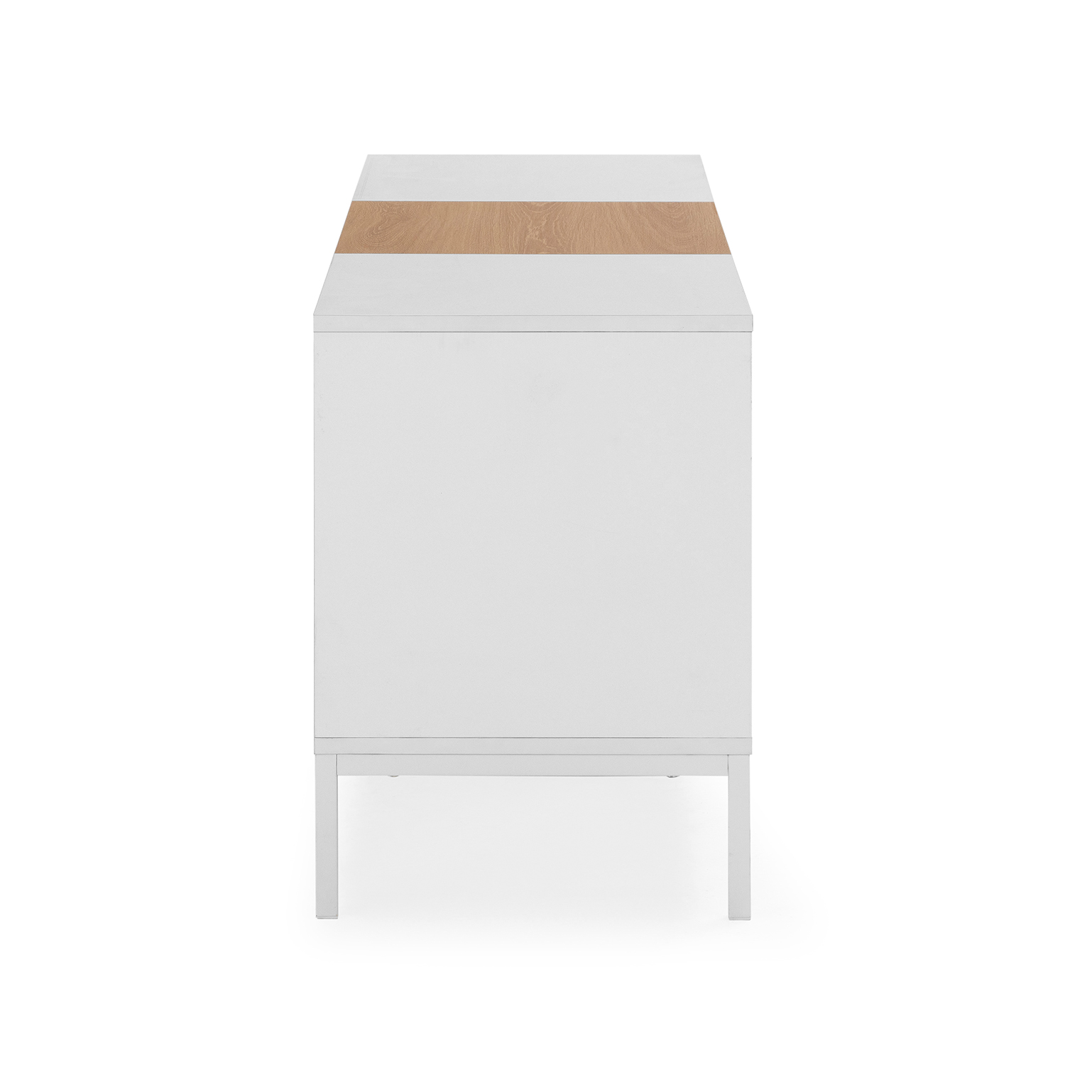 Un mueble blanco con una franja de madera sobre fondo blanco.