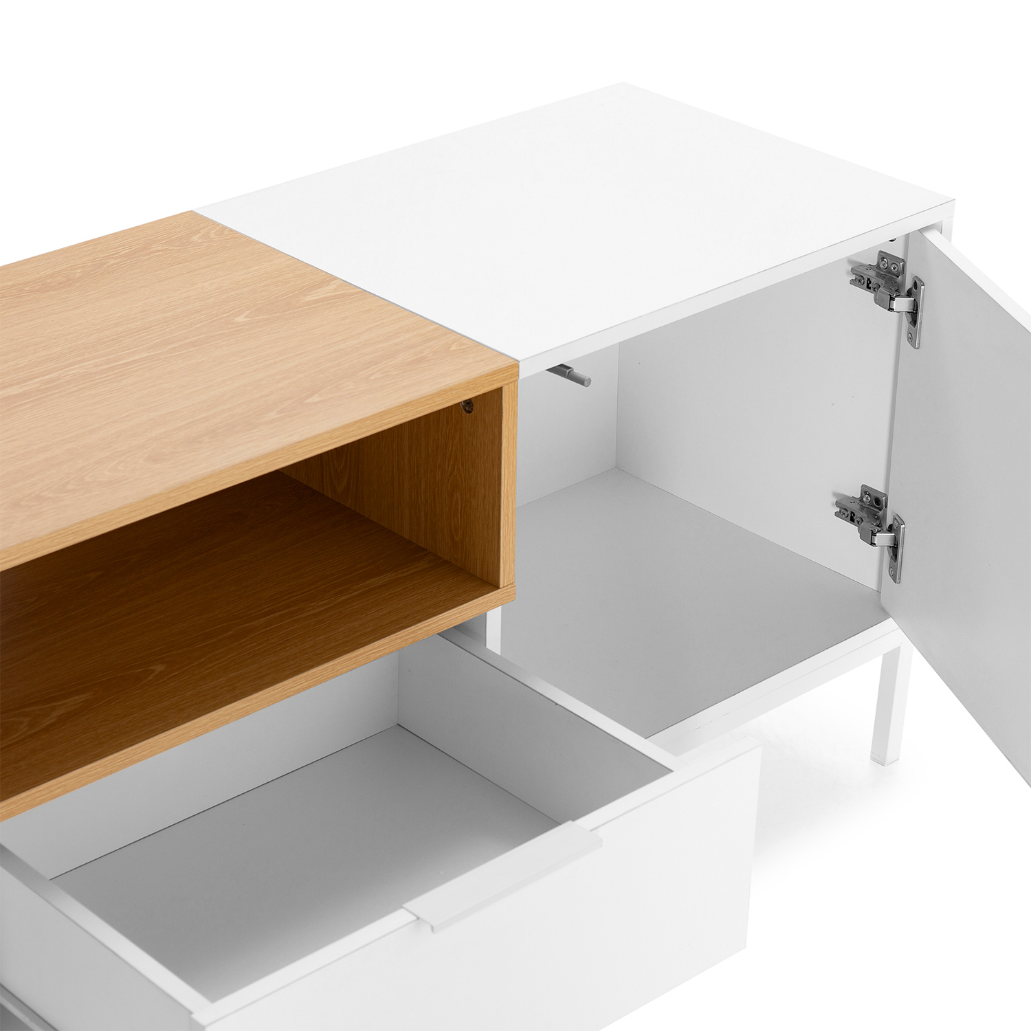 Un gabinete blanco y de madera con cajón abierto y puerta abierta, mostrando almacenamiento interior.