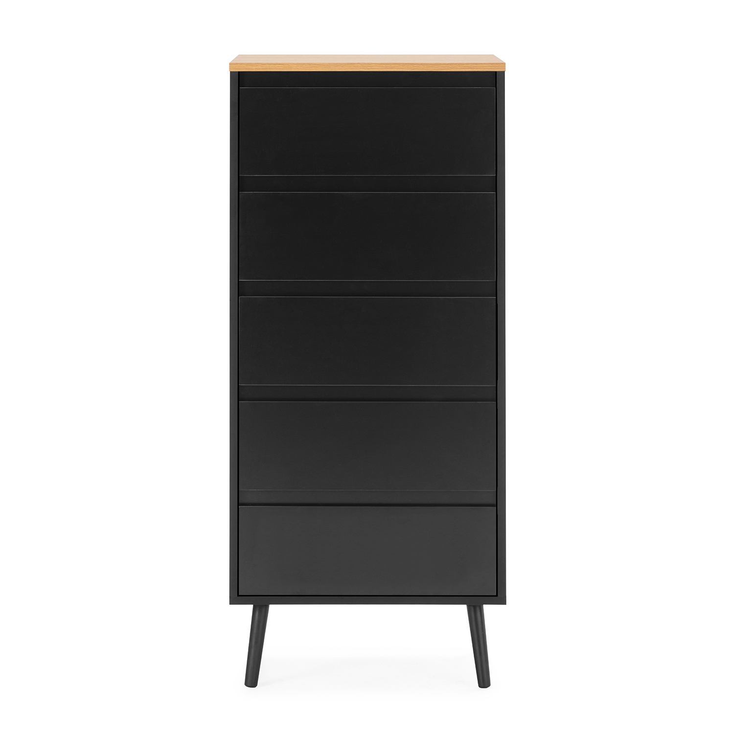 Un mueble negro alto con tapa de madera, cuatro cajones y patas anguladas.