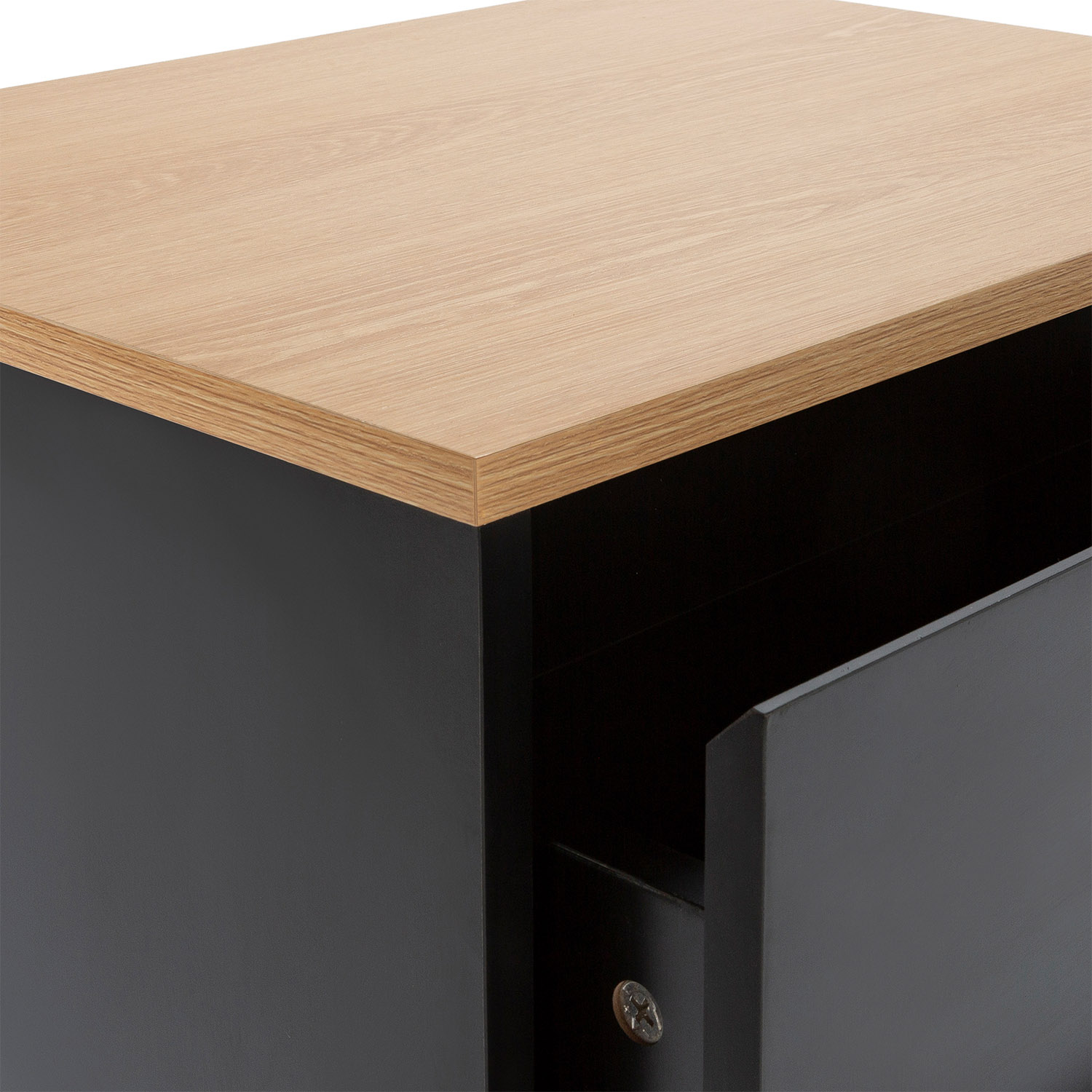 Primer plano de un armario gris oscuro con tapa de madera clara y cajón abierto.