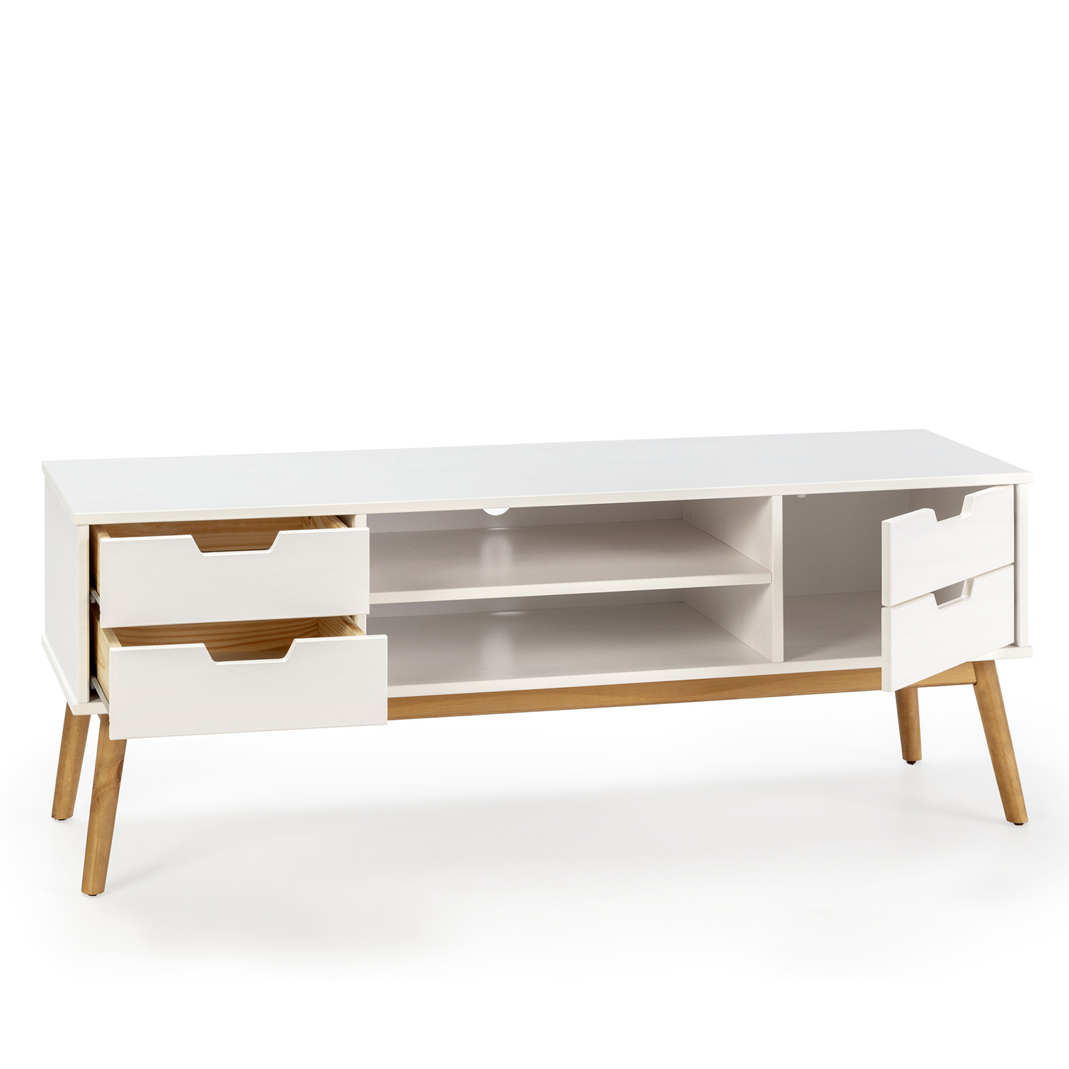 Un mueble de TV blanco con patas de madera. Dos cajones a la izquierda, una puerta abatible a la derecha.