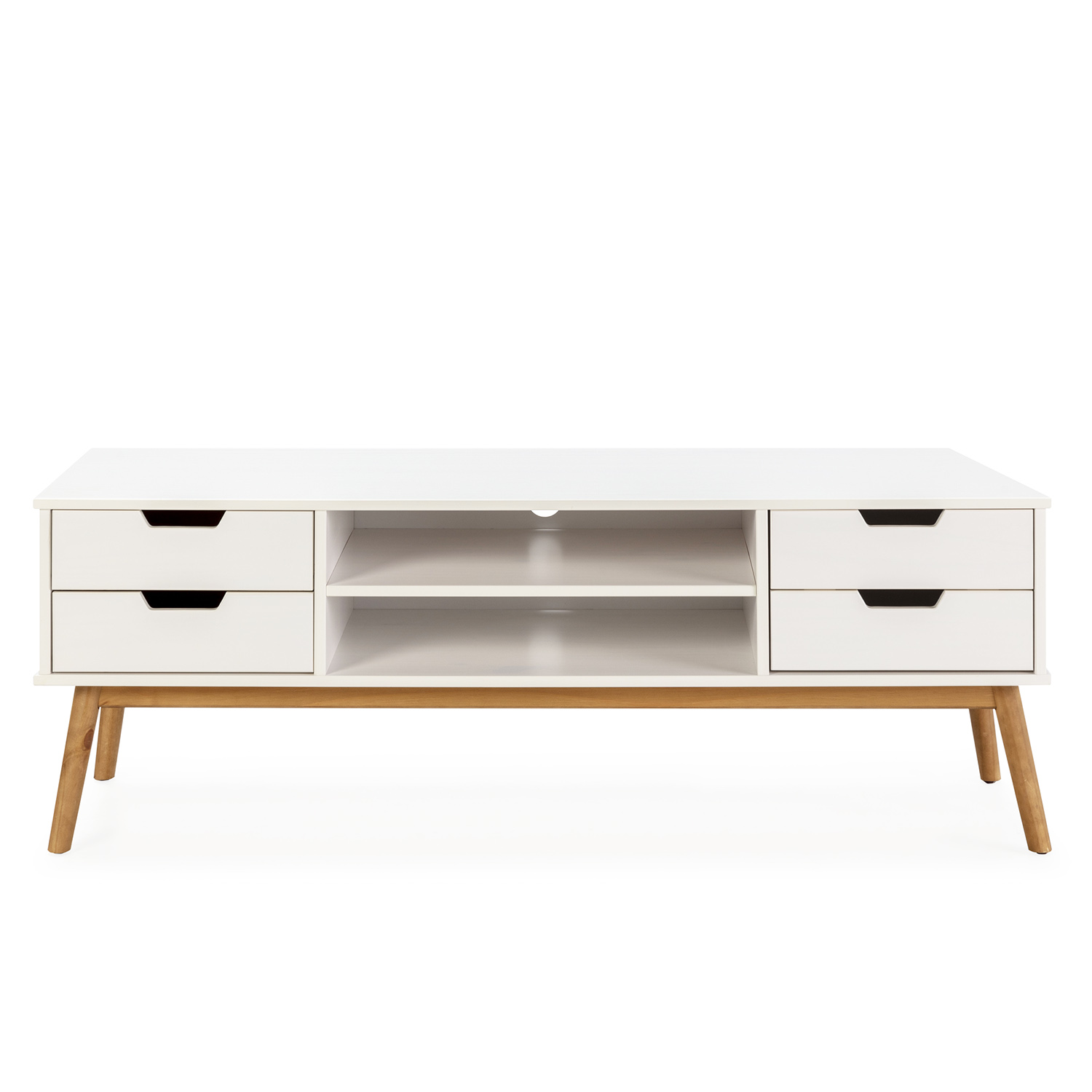 Un mueble de TV blanco con patas de madera, dos cajones y dos estantes.