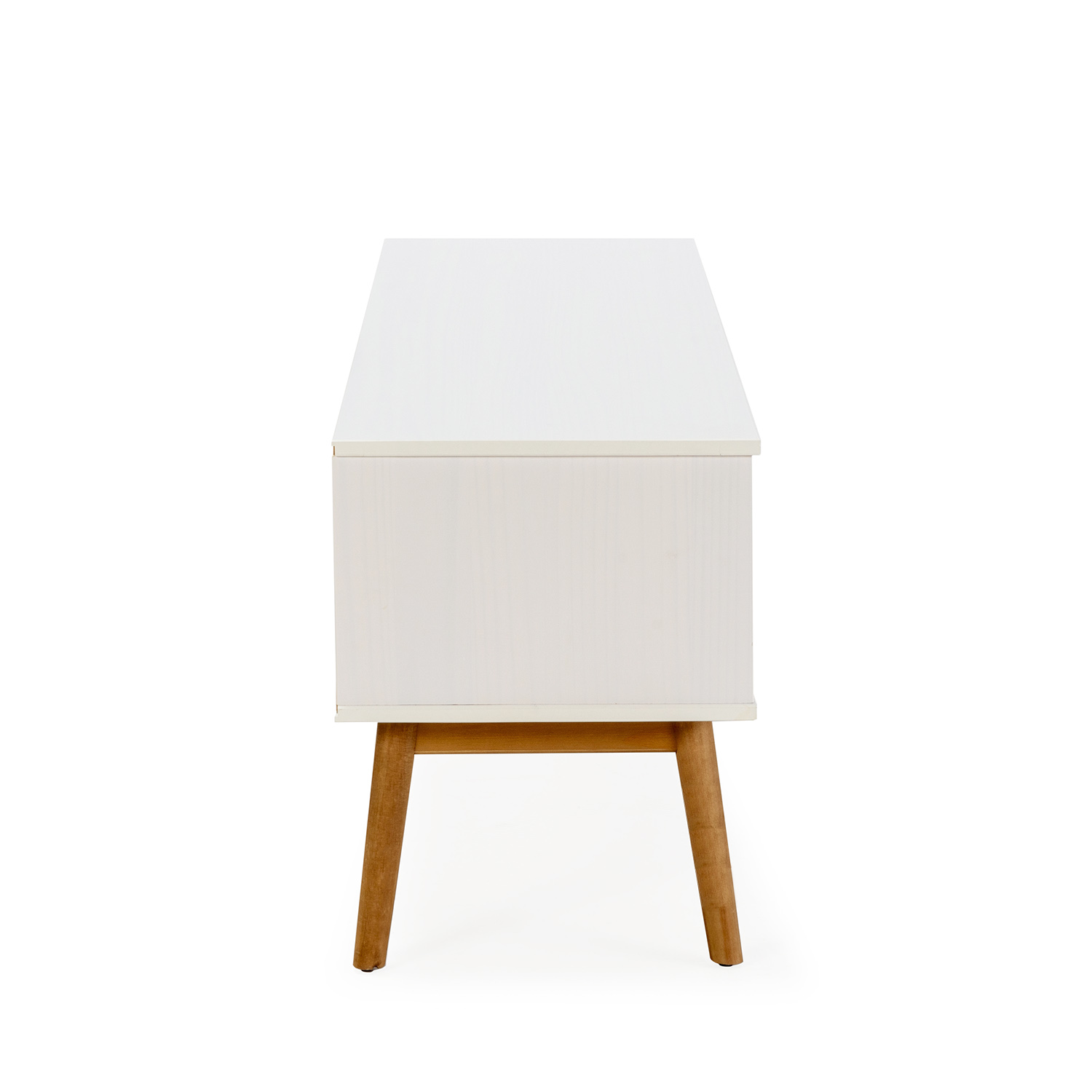 Un gabinete blanco con patas de madera, visto de lado.