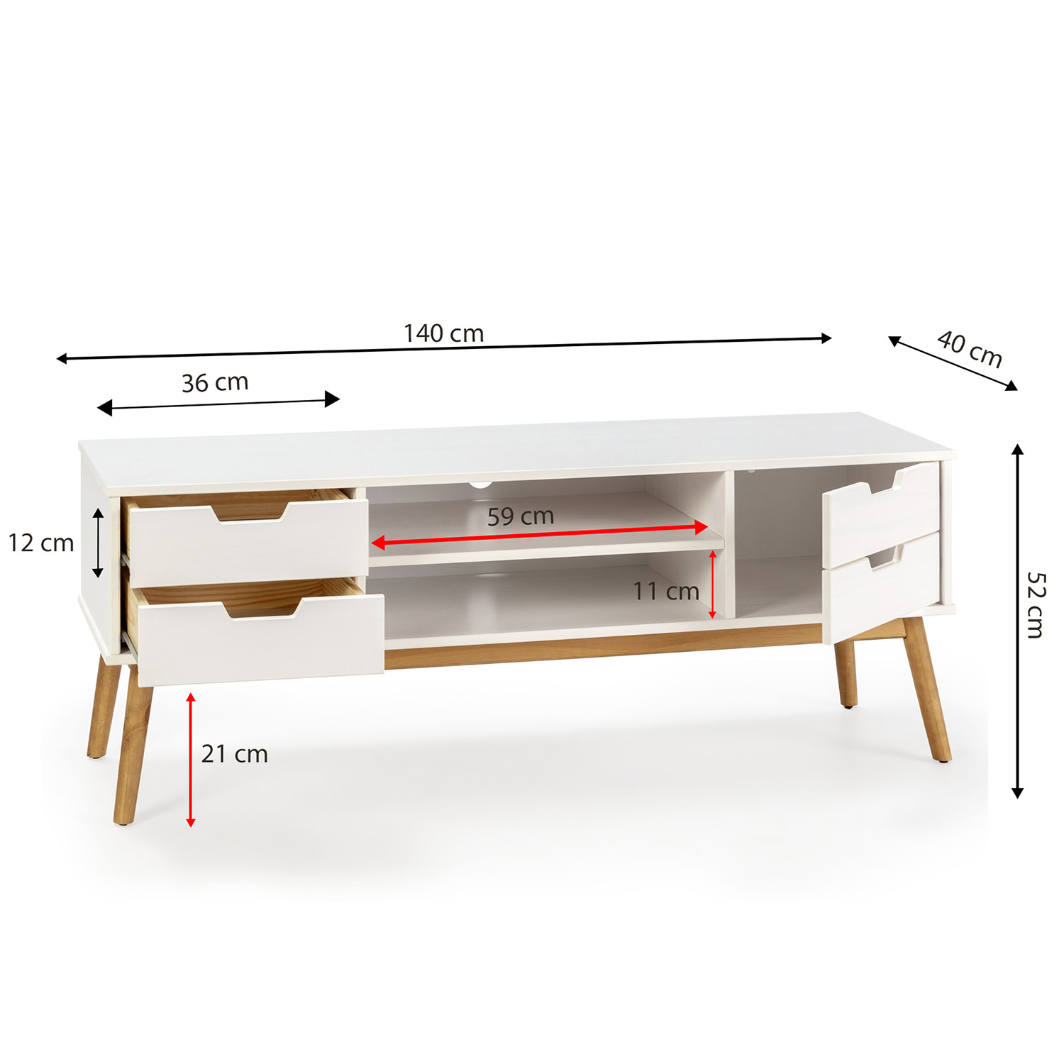 Mueble TV blanco con detalles en madera. Dimensiones: 140x40x52 cm. Con cajones y estantes.