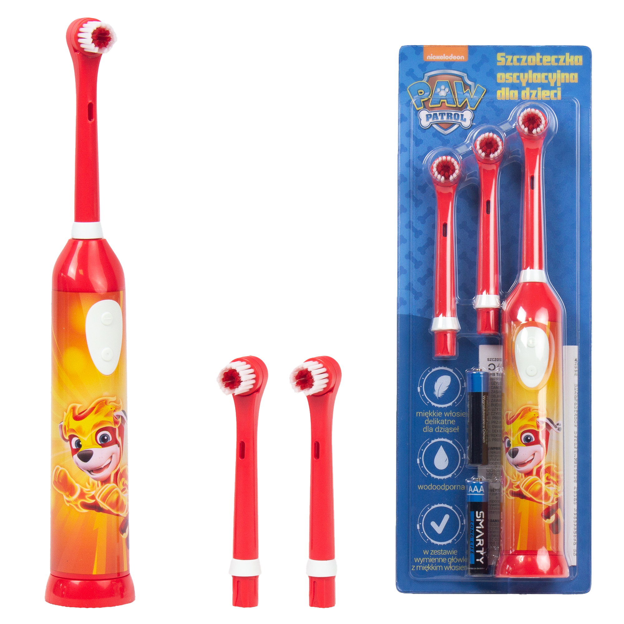 Czerwona szczoteczka elektryczna Paw Patrol dla dzieci z końcówkami i baterią.