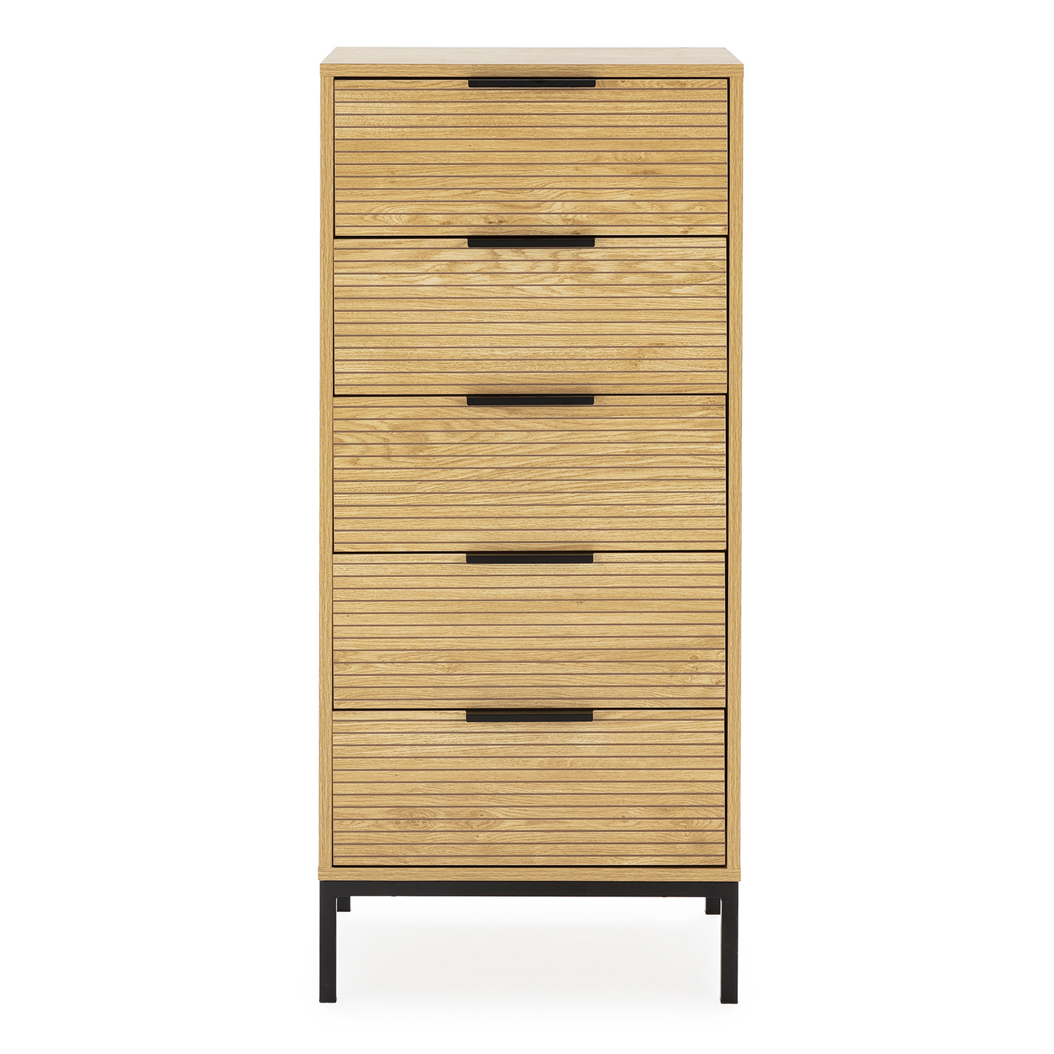 Cómoda alta de madera con cinco cajones y tiradores negros sobre una estructura de metal negro.