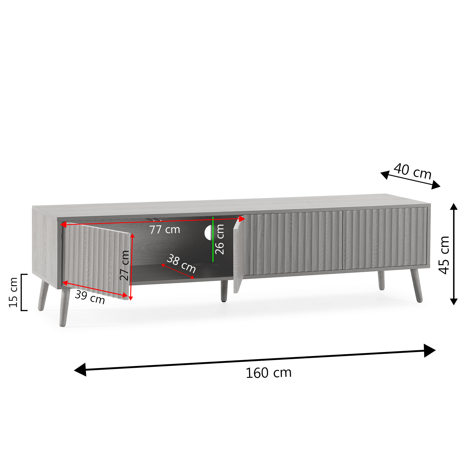 Mueble de TV gris con puertas acanaladas, dimensiones 160x40x45cm.