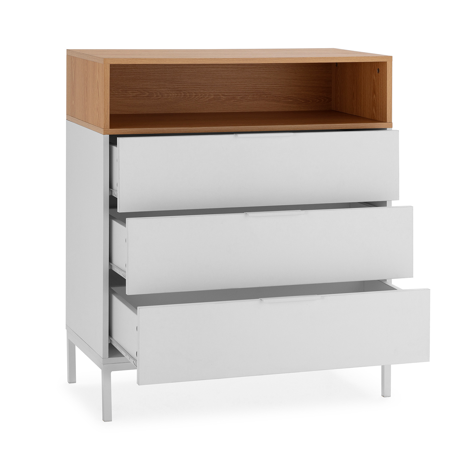 Cómoda blanca con tres cajones y un estante abierto de madera arriba, sobre patas delgadas.