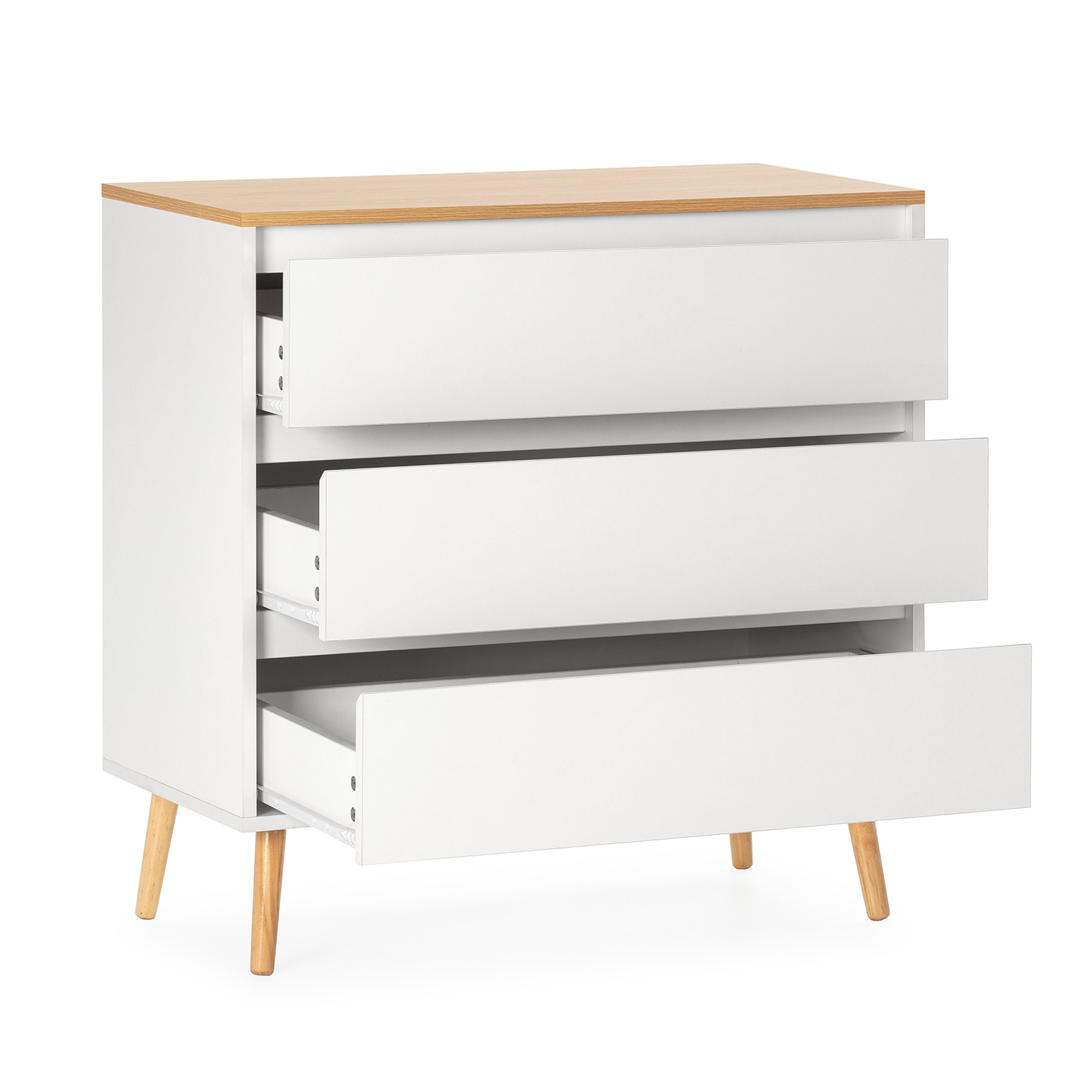 Cómoda blanca de tres cajones con tapa de madera, sobre cuatro patas de madera.