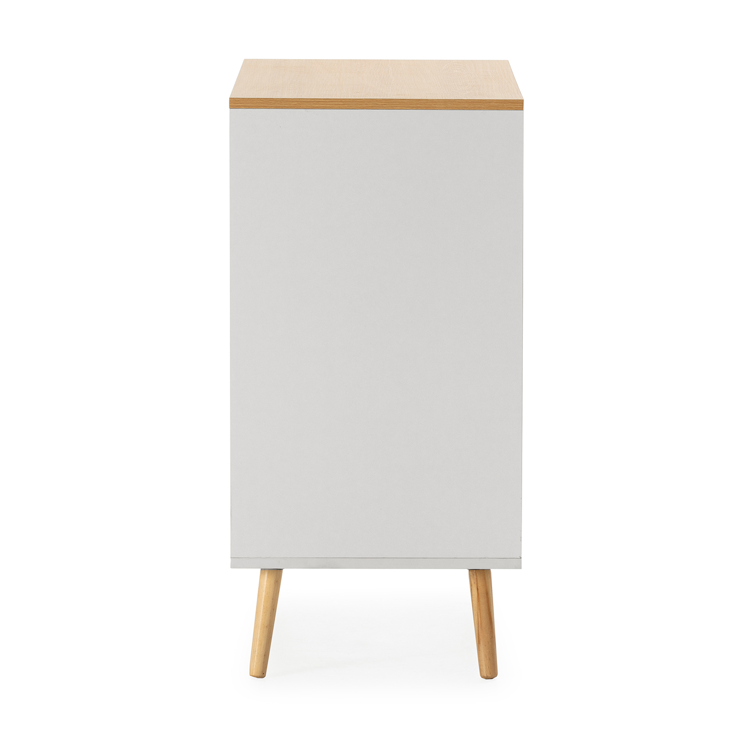 Un armario blanco con tapa de madera y cuatro patas de madera.