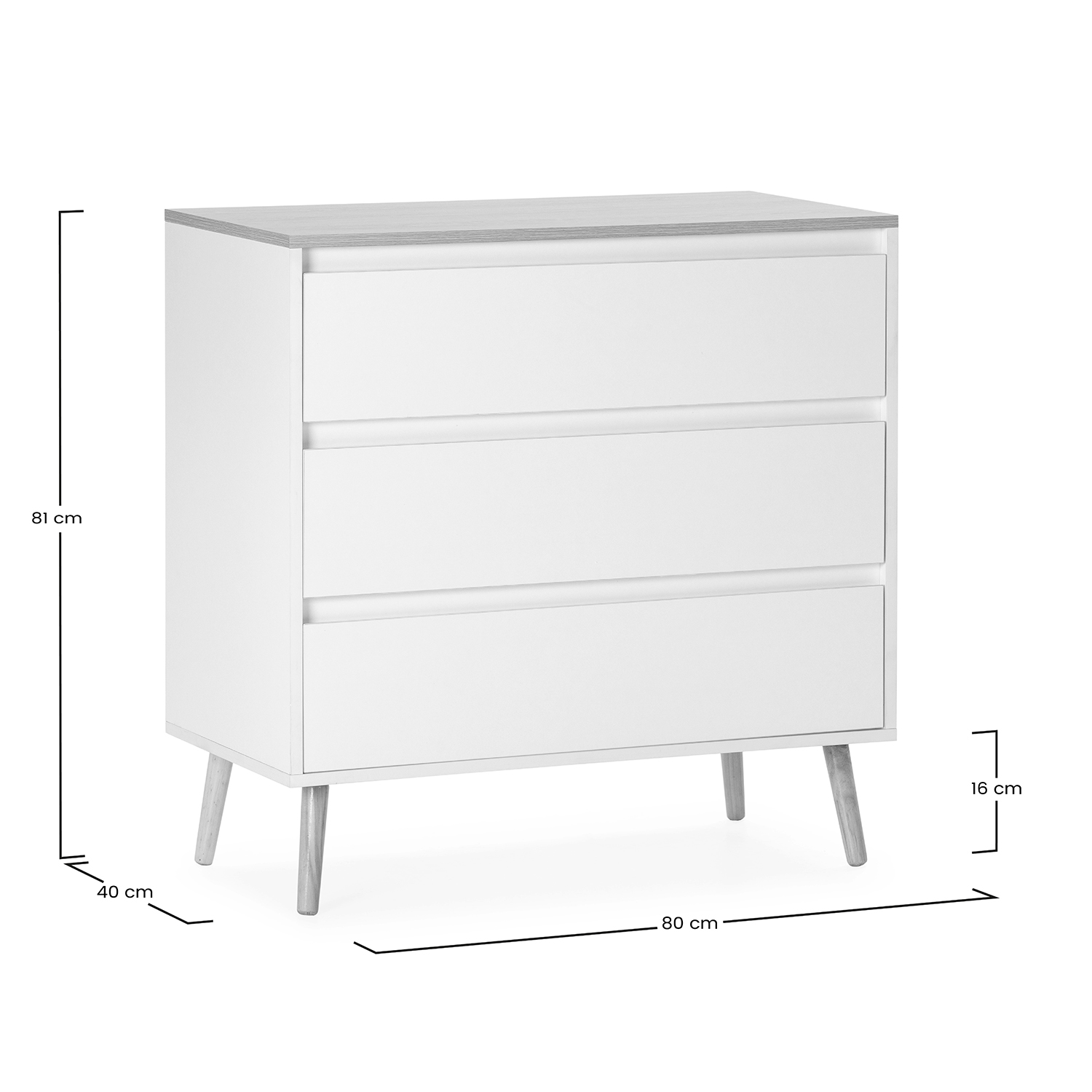 Cómoda blanca con tres cajones y patas de madera inclinadas. Dimensiones: 81x80x40cm.