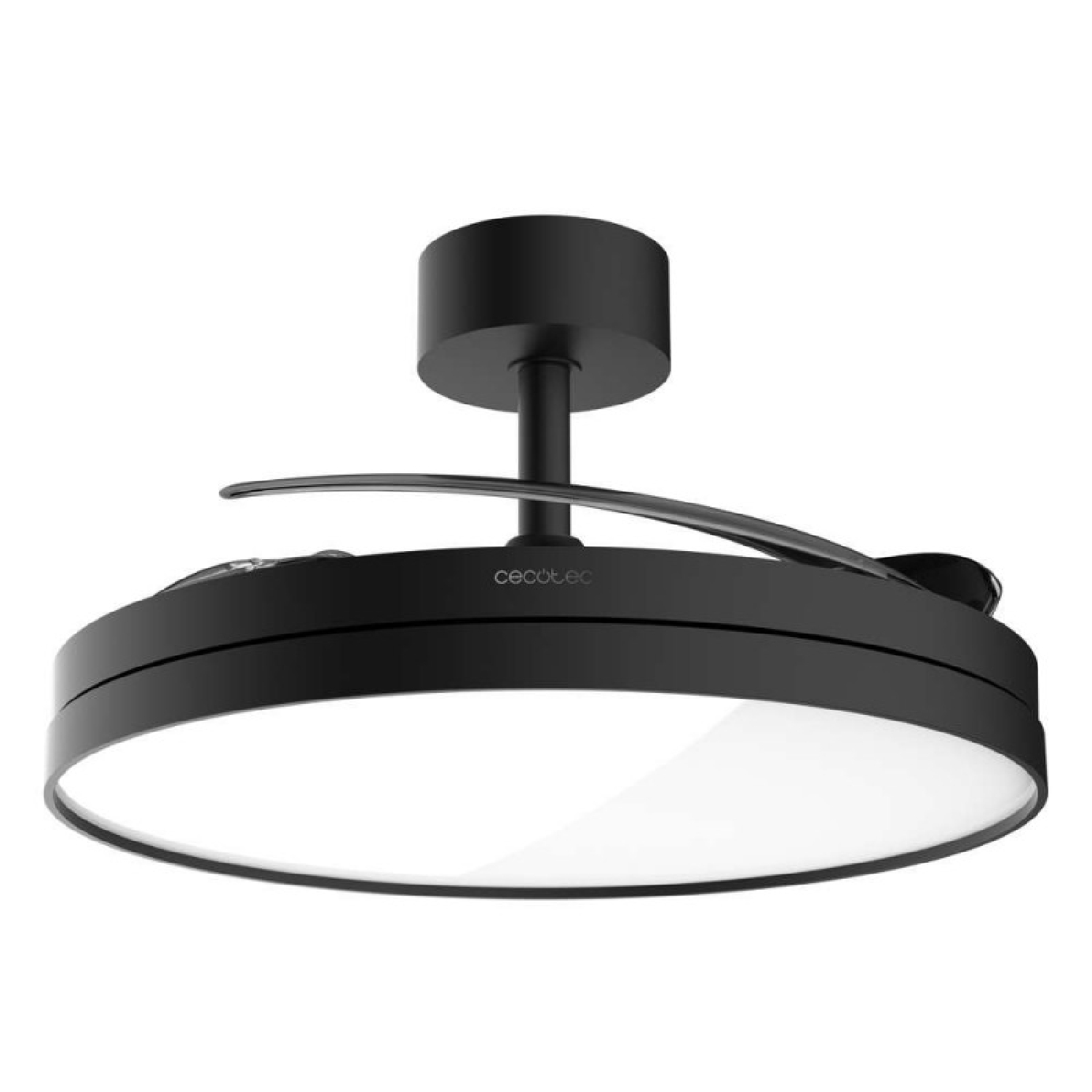 Ventilador de techo negro con luz LED y logo Cecotec.