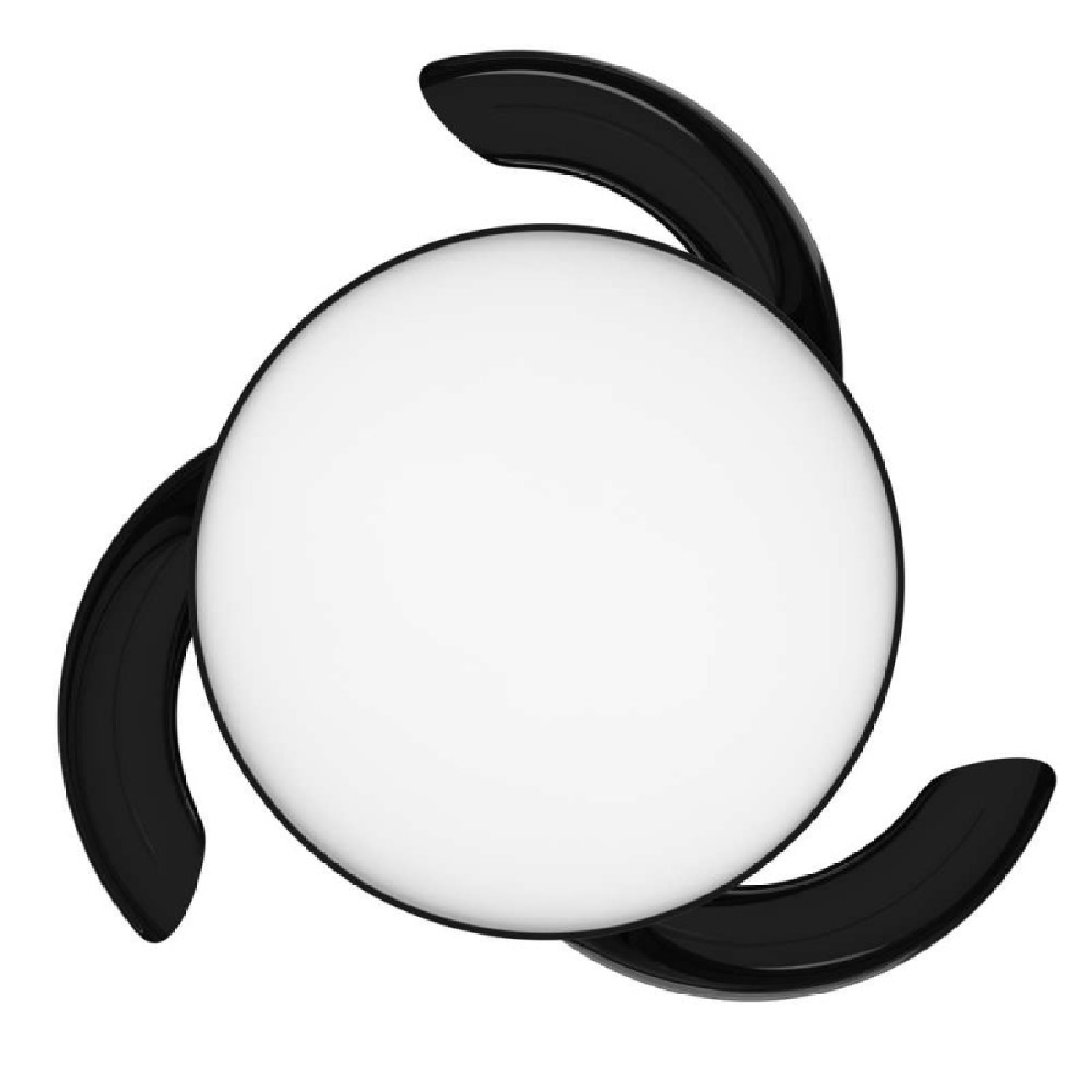 Una bola blanca con tres elementos curvos negros rodeándola.