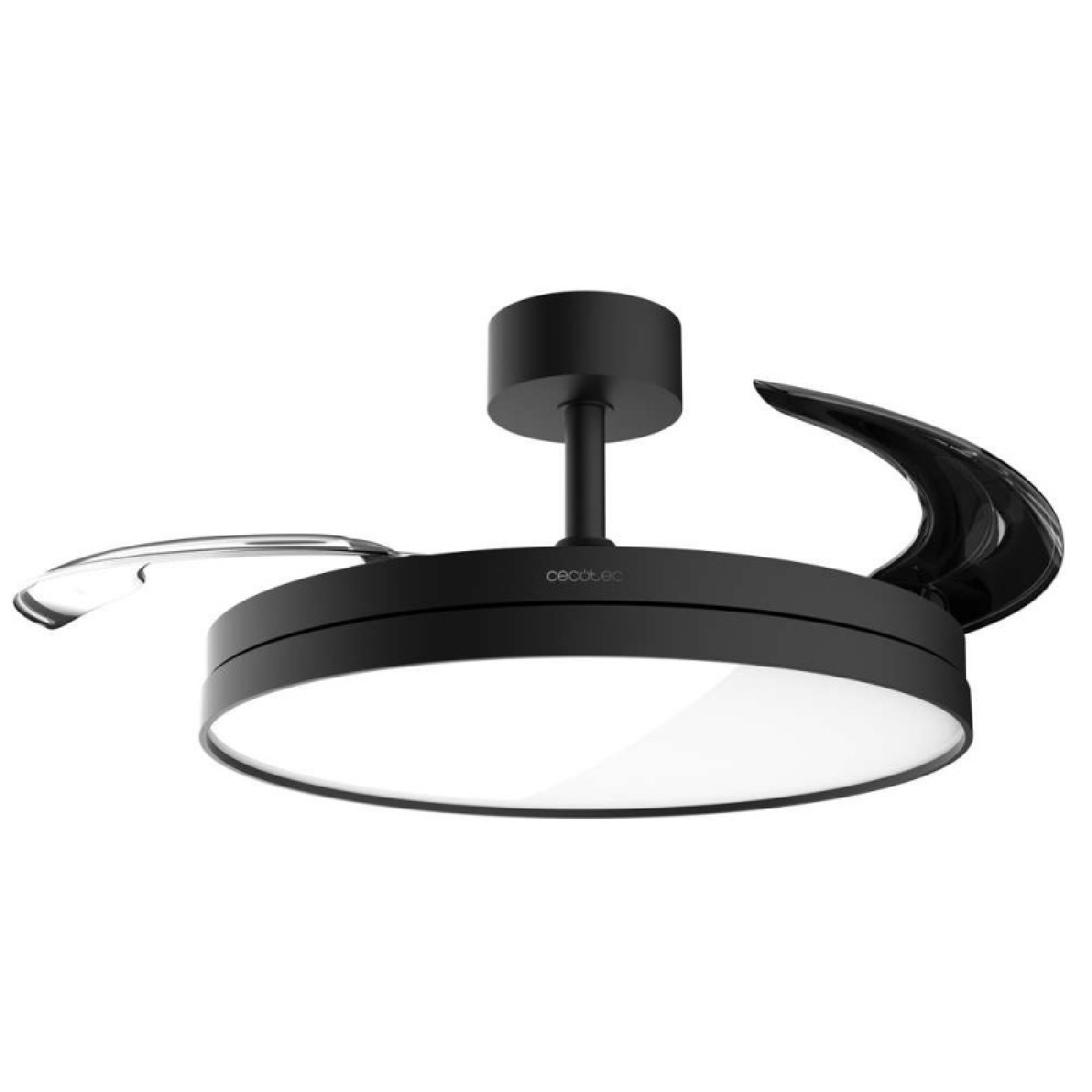 Un ventilador de techo negro moderno con luz LED integrada y aspas retráctiles.