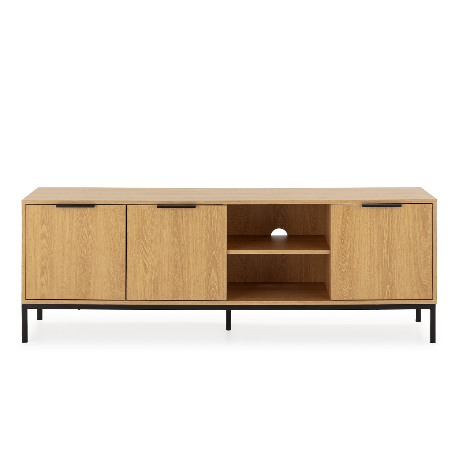 Un mueble de TV de madera marrón claro con patas y asas negras.