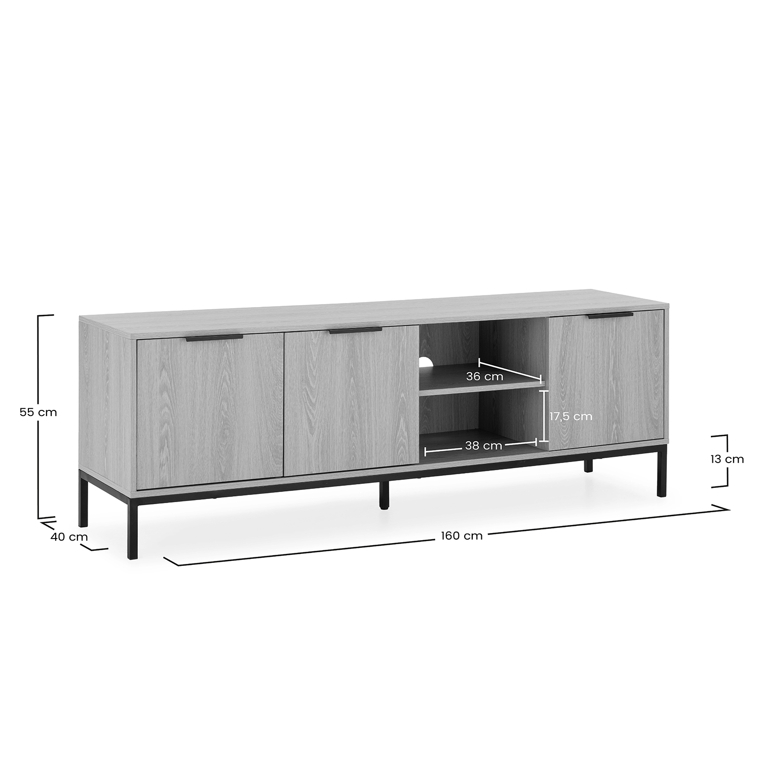 Mueble de TV de madera clara con patas negras. Dimensiones: 160x55x40 cm.