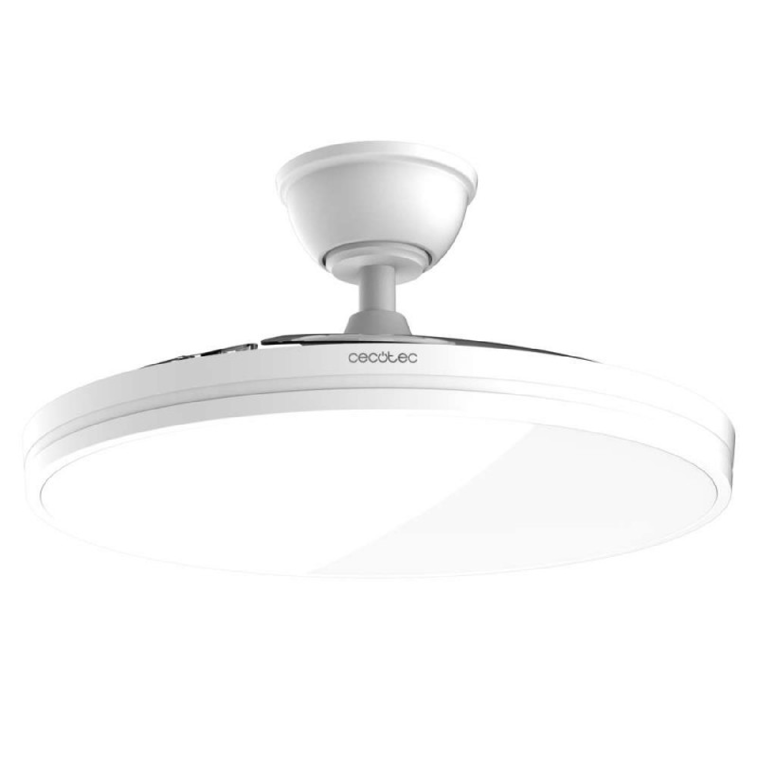 Un ventilador de techo blanco con luz integrada.