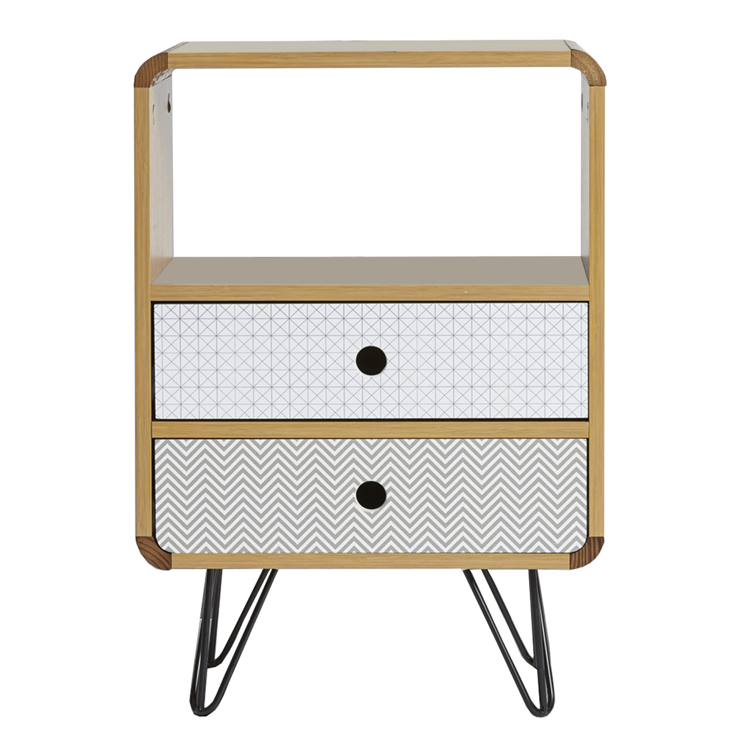 Gabinete de madera con dos cajones, patrones geométricos y patas negras.