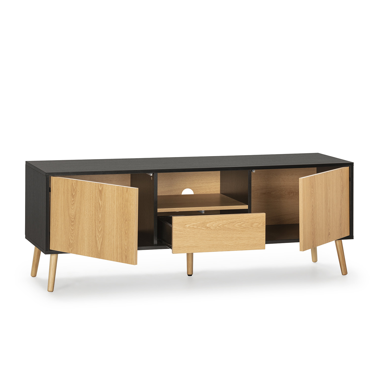 Mueble TV negro con puertas y cajón abiertos, patas de madera.