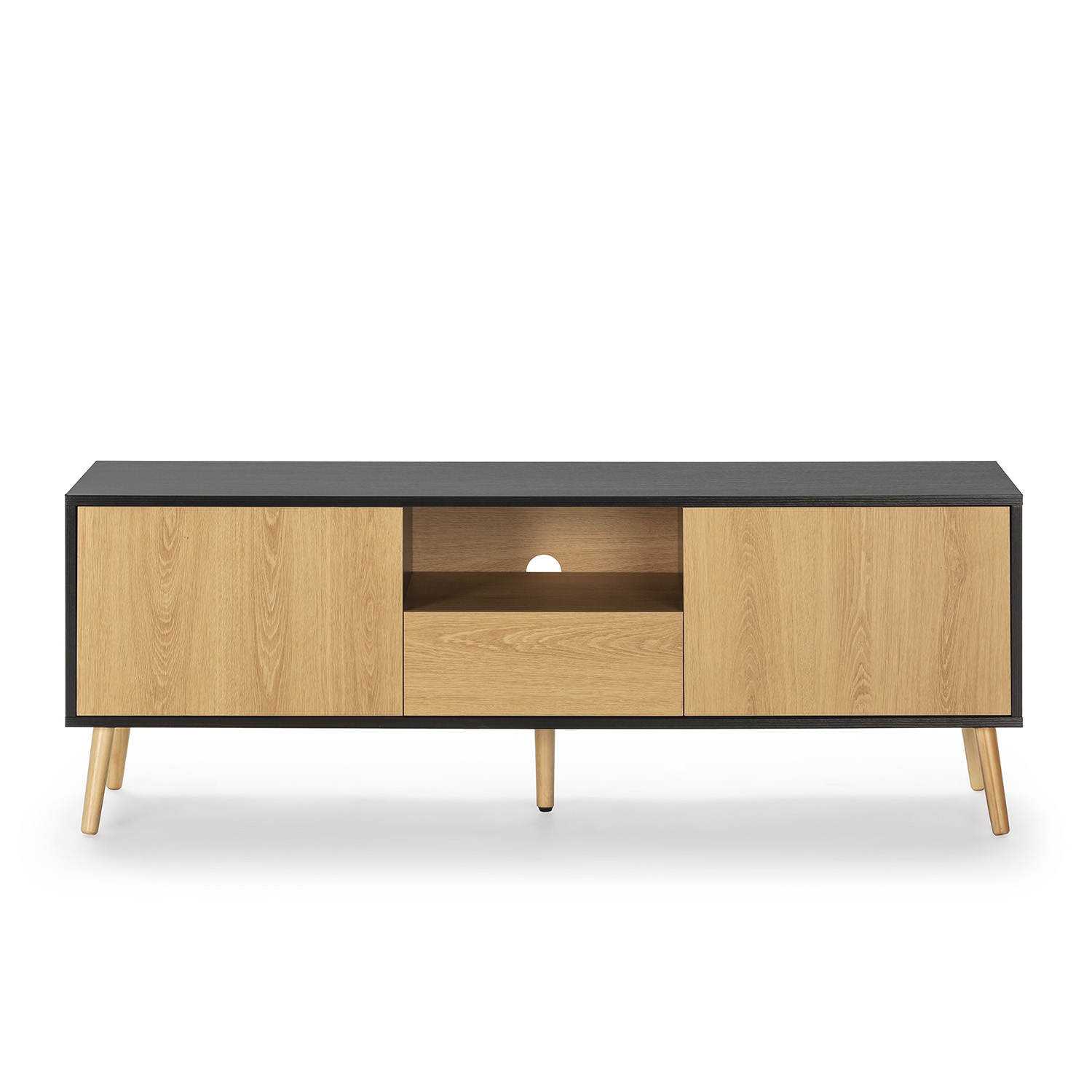 Un mueble de TV de madera con tapa negra, cuatro patas y estantes abiertos.